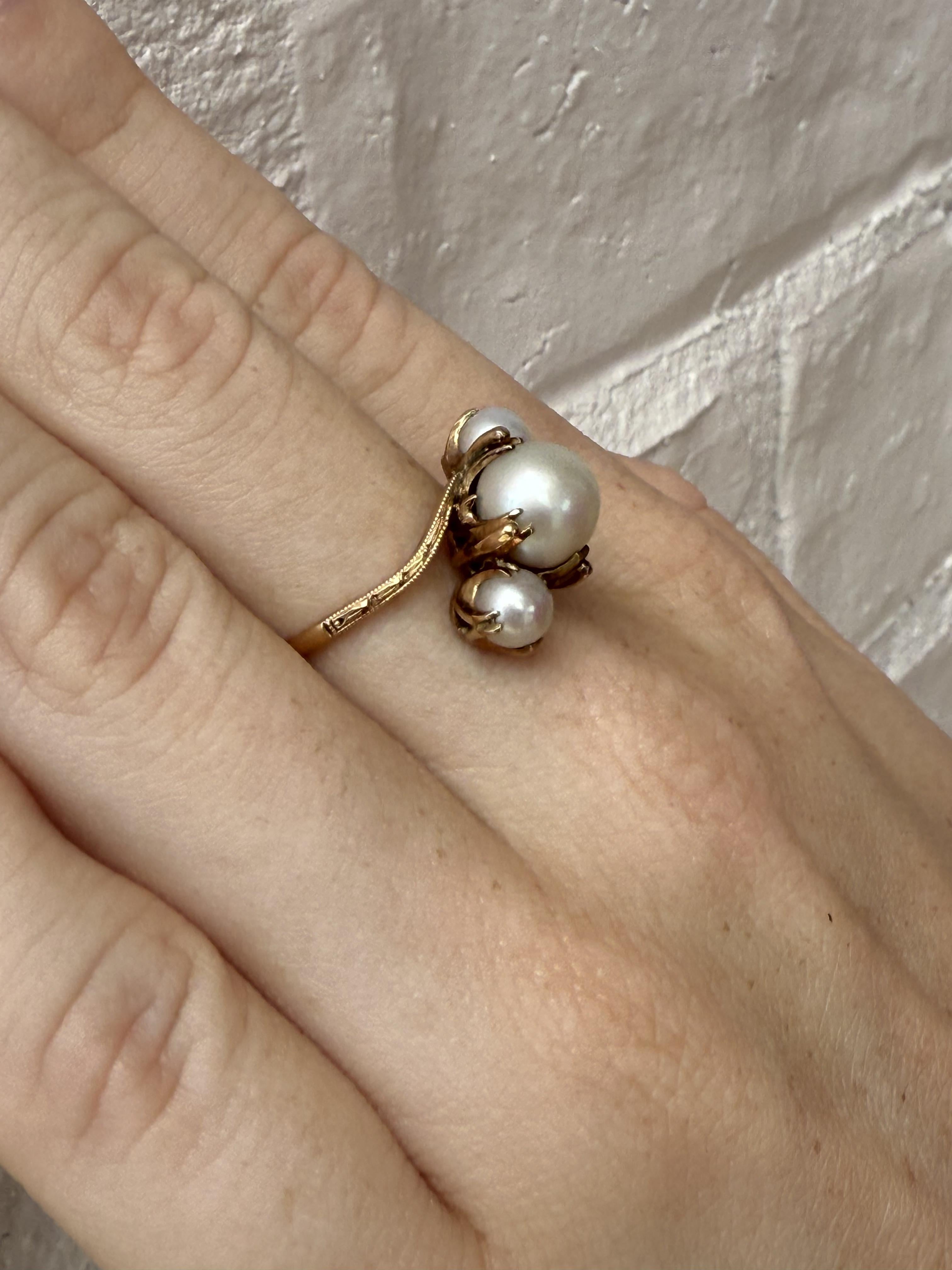 Vintage Pearl Rose Gold Three Stone Ring 14K (bague à trois pierres en or rose) Bon état - En vente à Montgomery, AL