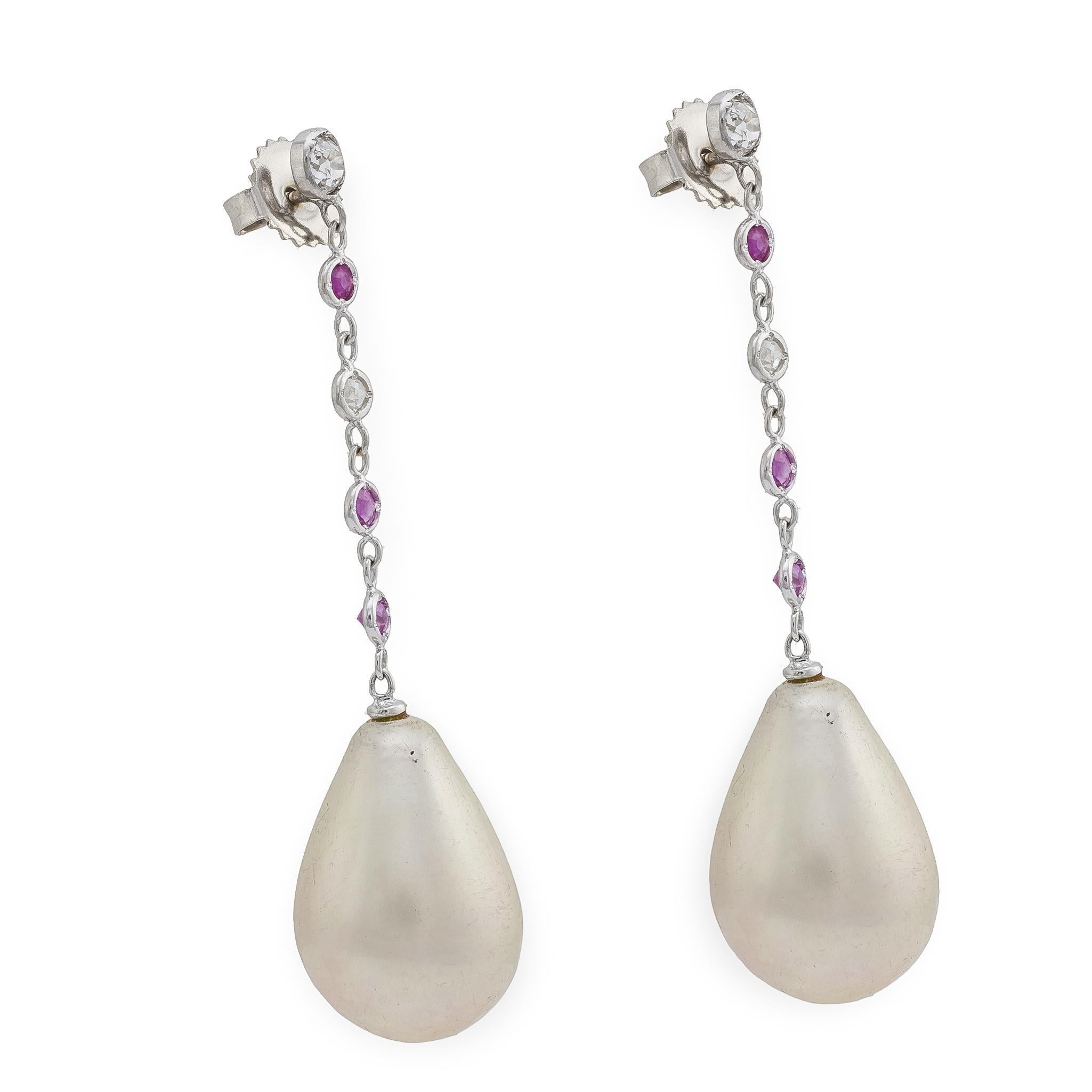Modern Vintage pearl ruby diamond 18k white gold drop earrings For Sale