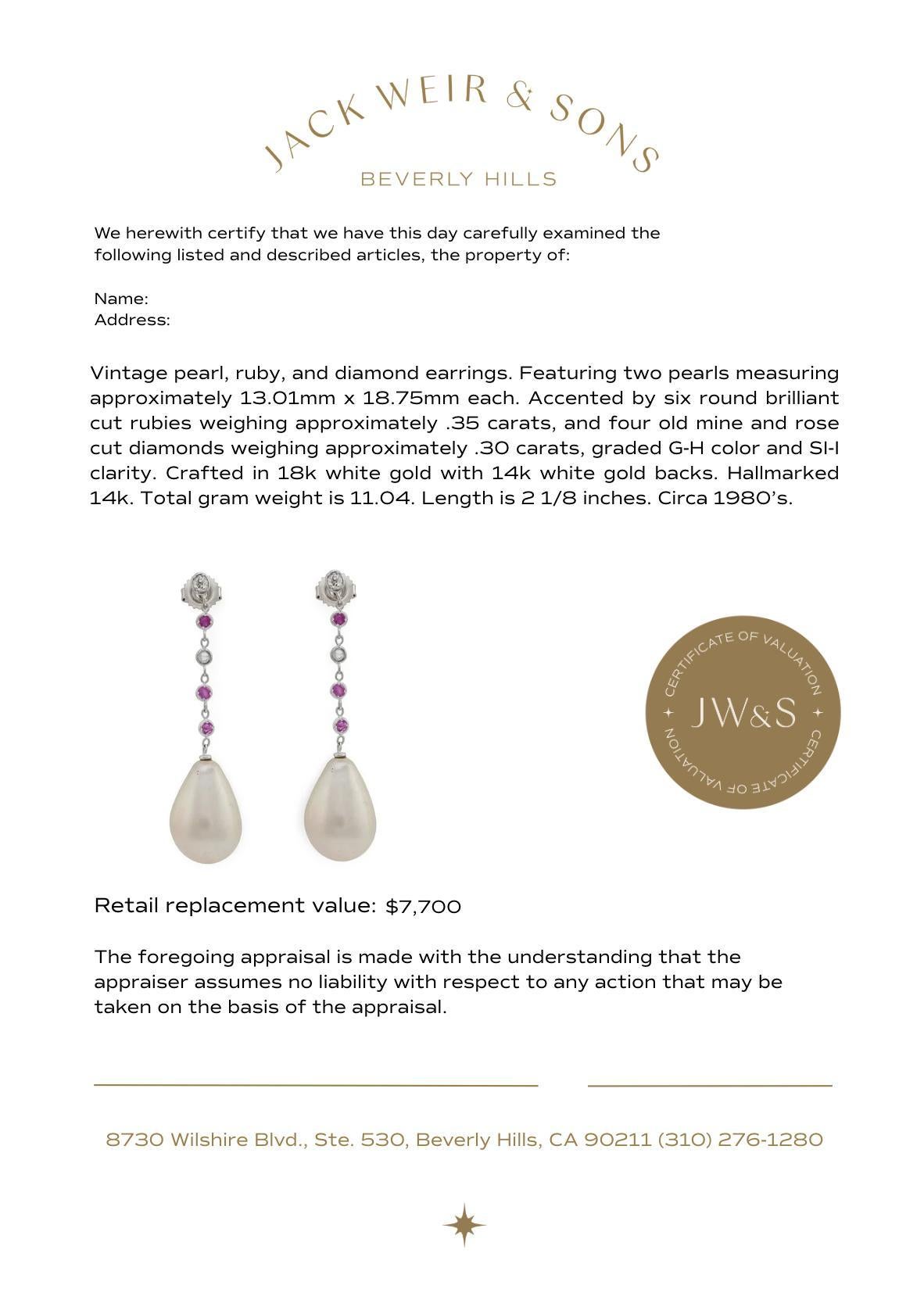 Women's Vintage pearl ruby diamond 18k white gold drop earrings For Sale