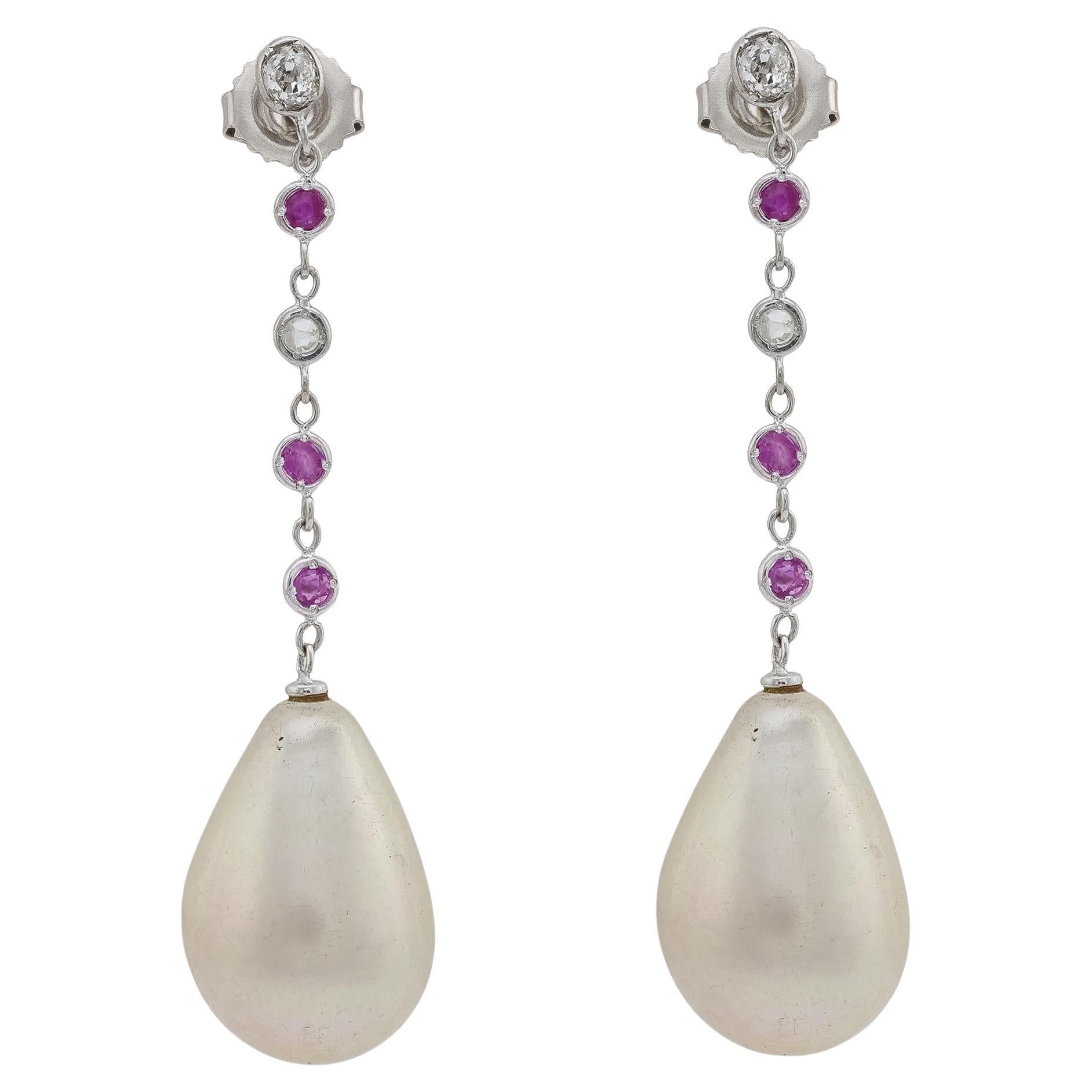 Vintage pearl ruby diamond 18k white gold drop earrings