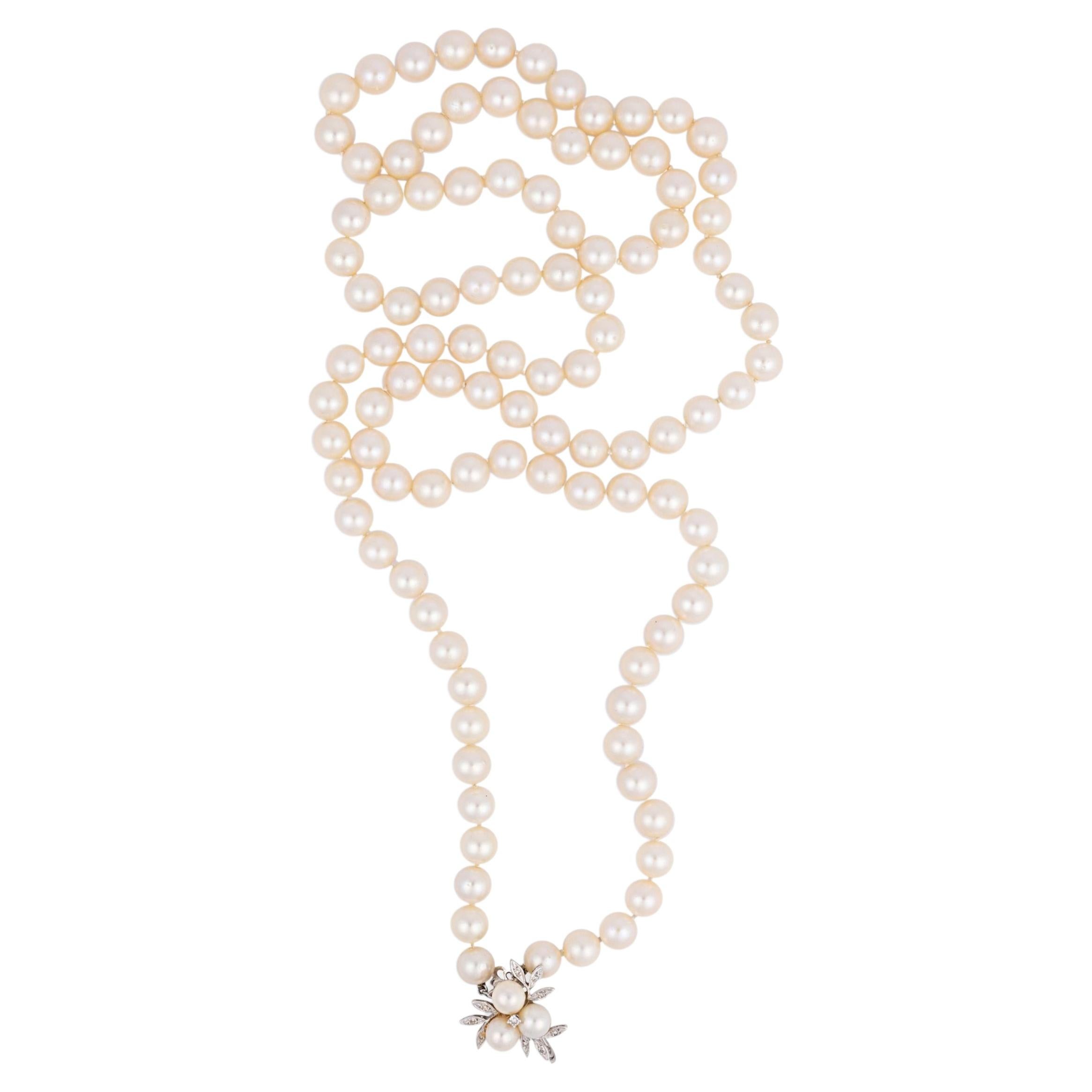Vintage pearl strand diamond 14k white gold necklace For Sale