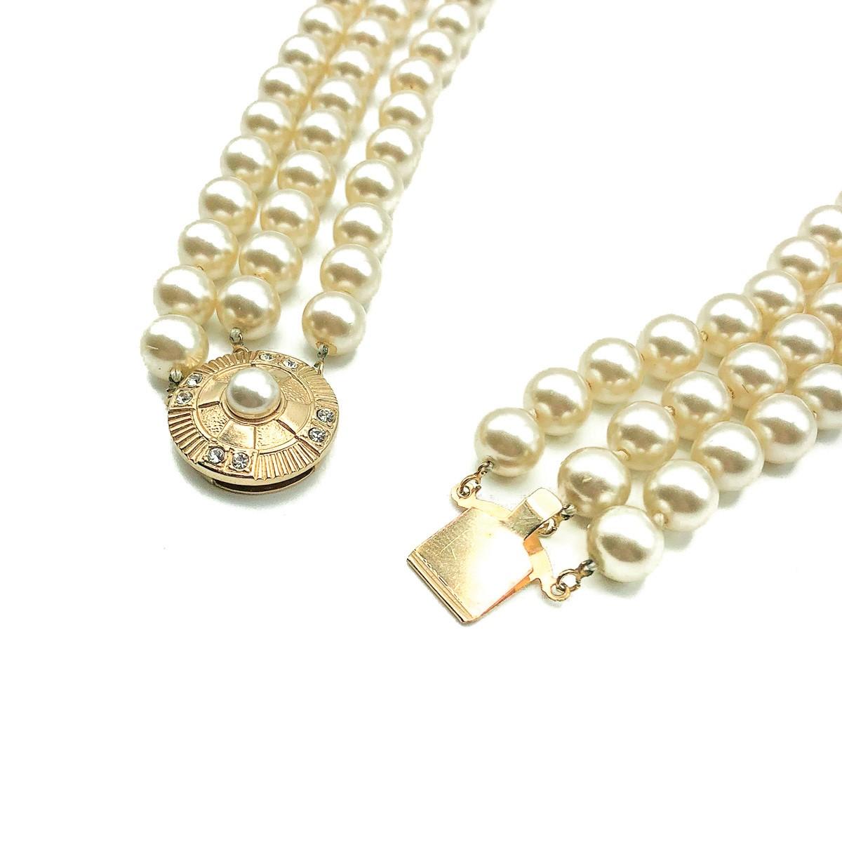 Vintage Pearl Triple Row Necklace with Feature Clasp 1970s 1