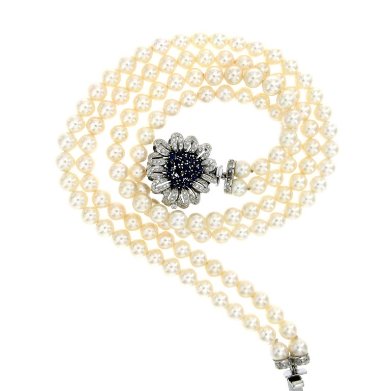 Vintage Pearl Two Strand Necklace Diamond Sapphire Detachable ClaspPendant at 1stDibs