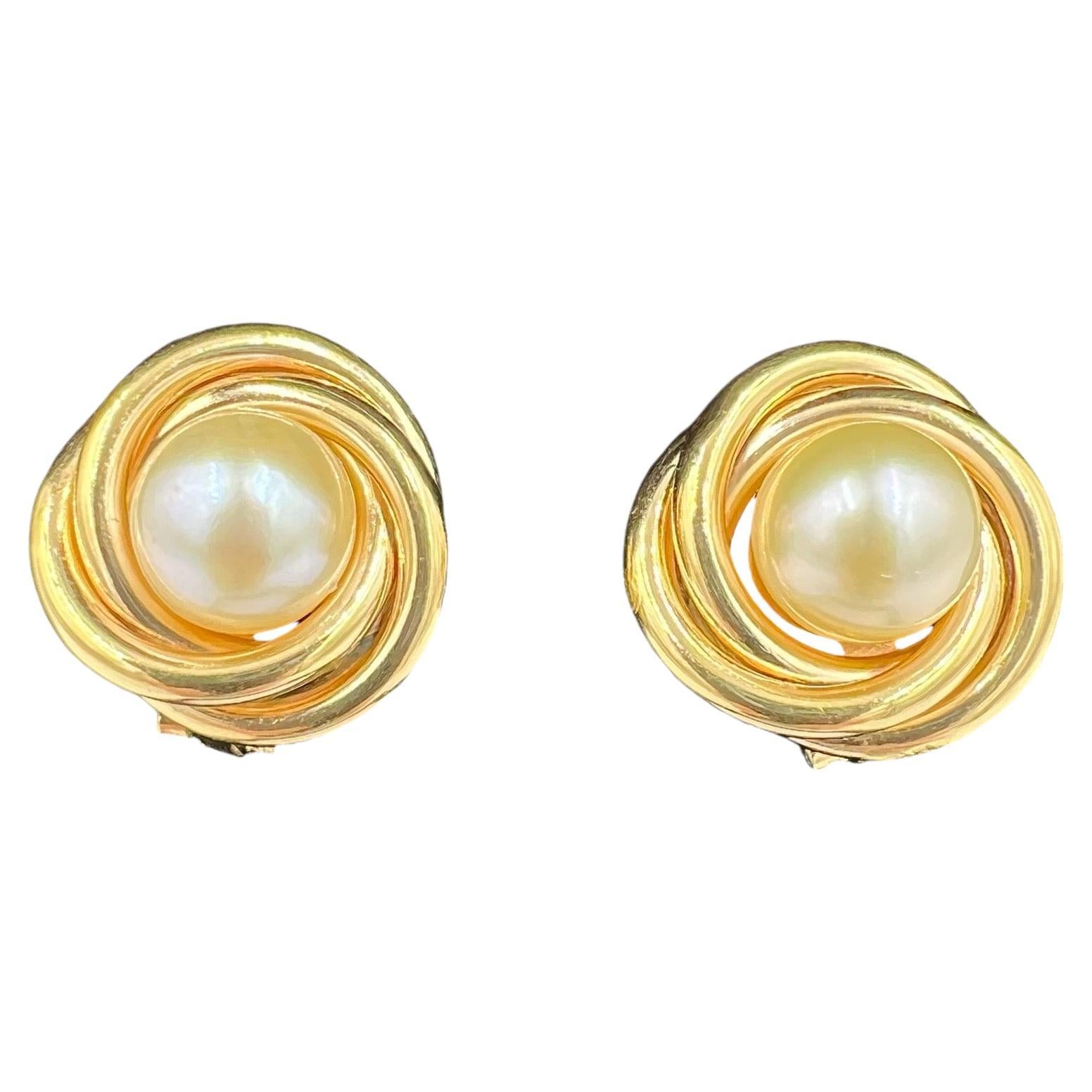 Vintage Pearl Yellow Gold Knot Clip On Earrings
