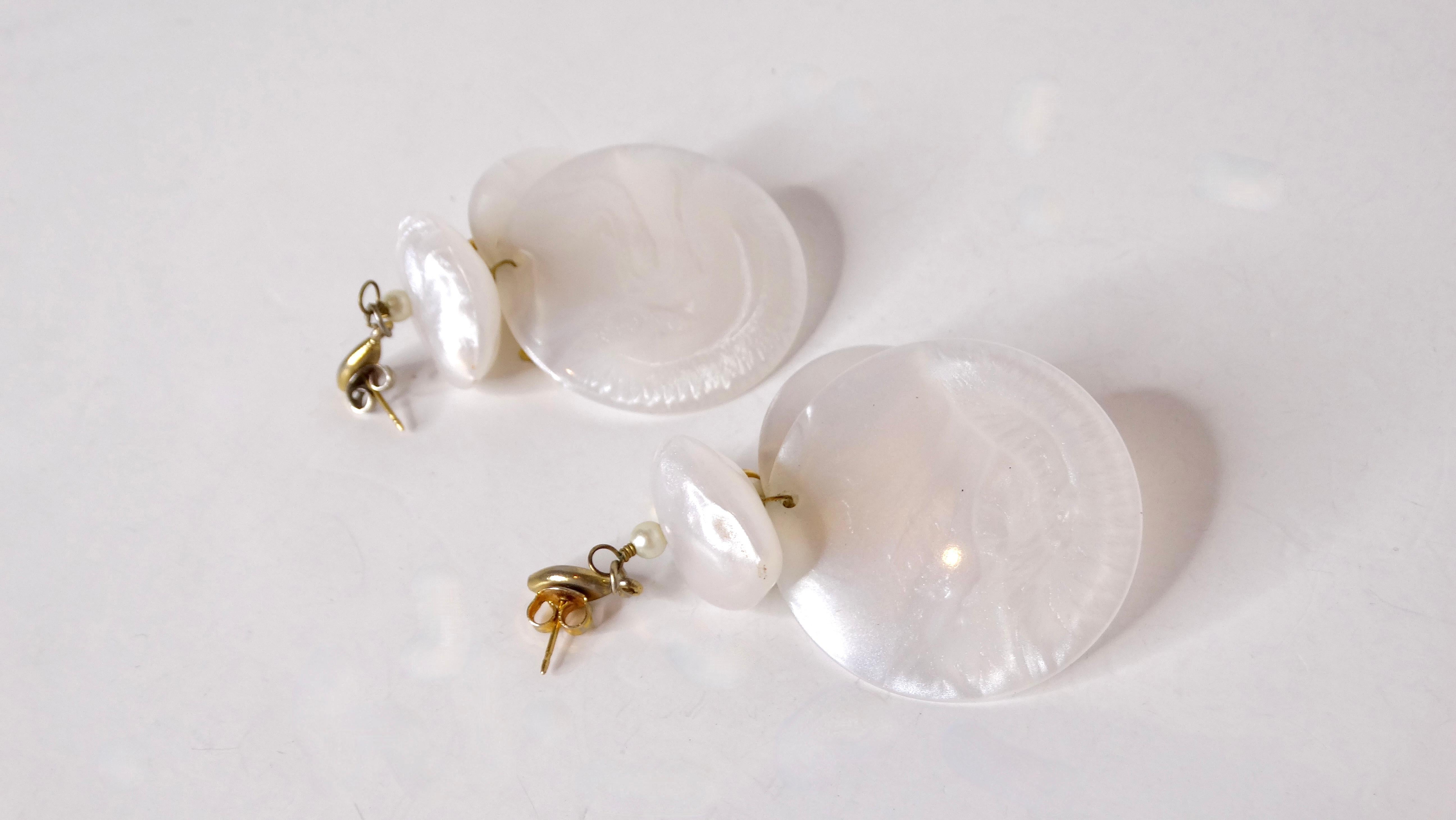 Women's Vintage Pearlescent Beaded Disc 14k Gold Plated Dangle Earrings For Sale