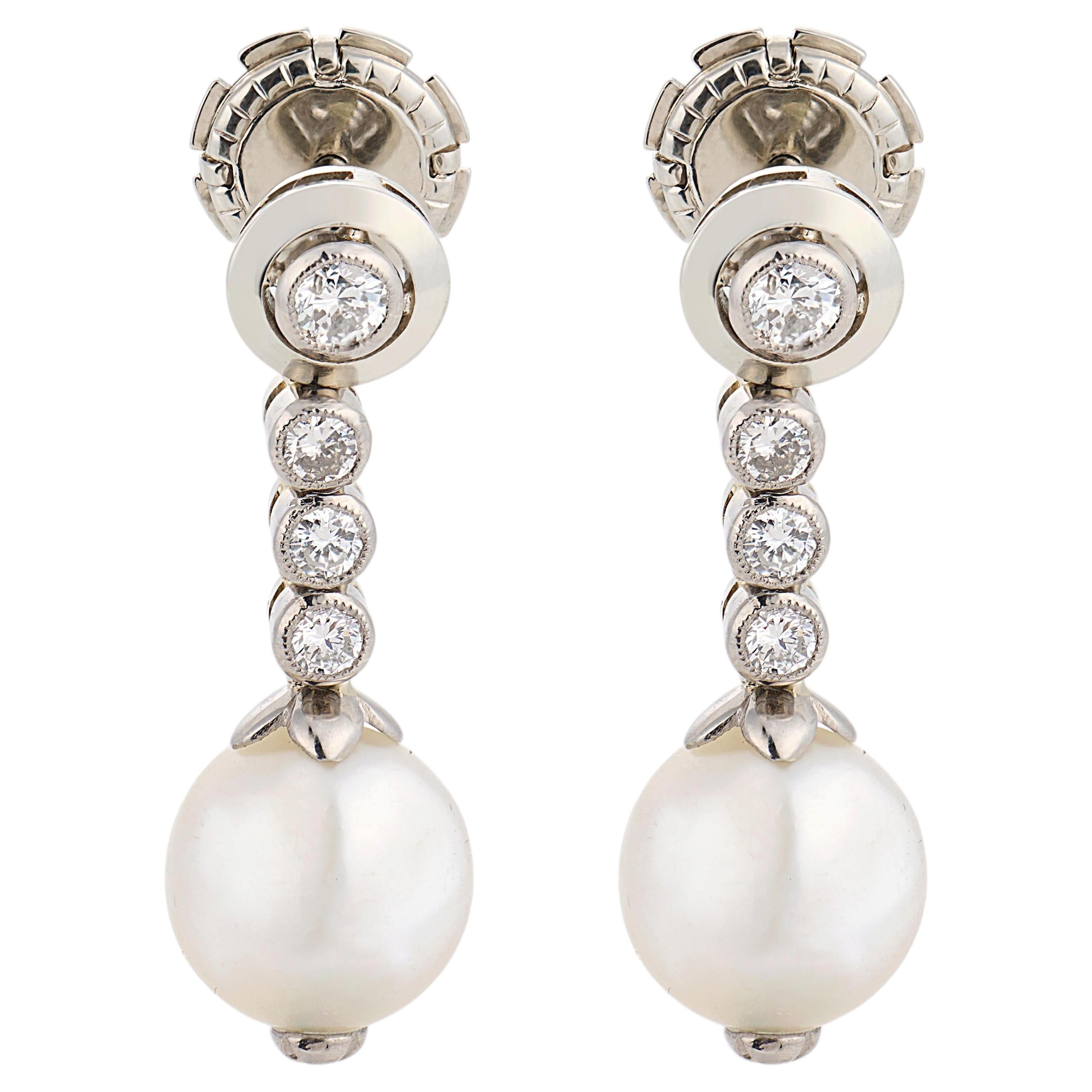 Vintage pearls diamond 18k white gold drop earrings