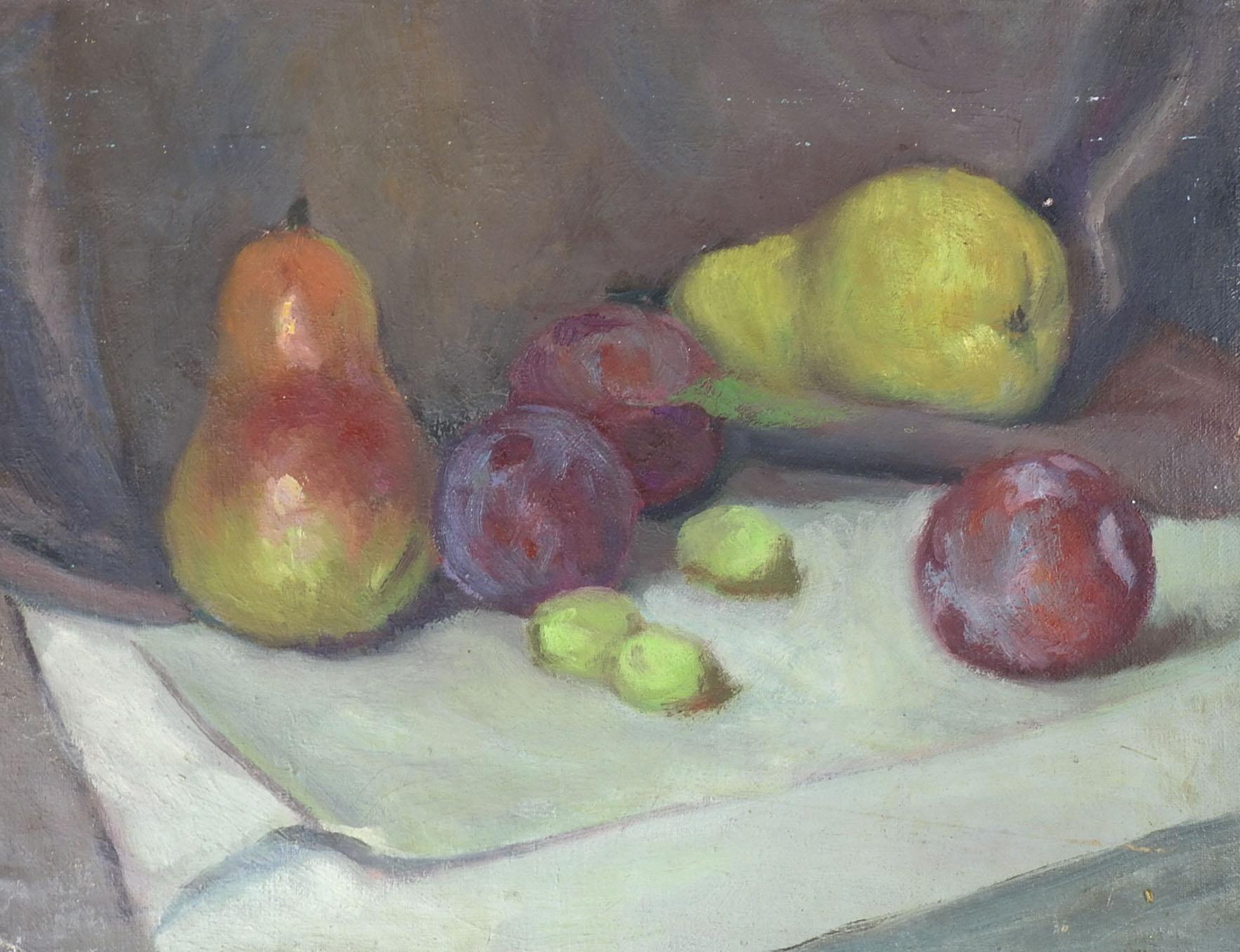 Vintage oil on canvas board still life with pears and plums. Unsigned. Unframed, edge and corner wear.