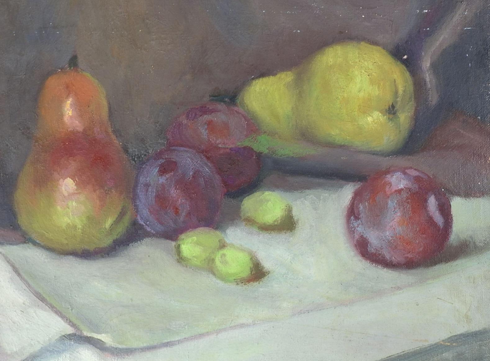 Vintage Pears & Plums Still Life Fruit Painting In Fair Condition For Sale In Seguin, TX