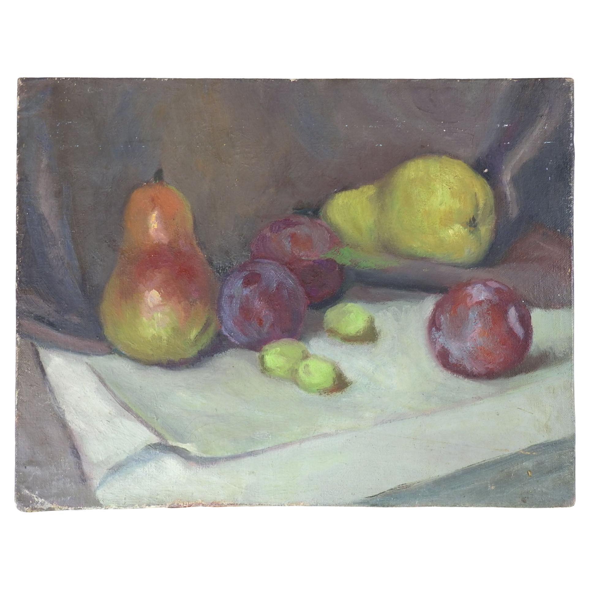 Vintage Pears & Plums Still Life Fruit Painting For Sale