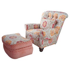 Vintage Pearson Floral Tufted Club Lounge Library Armchair & Ottoman