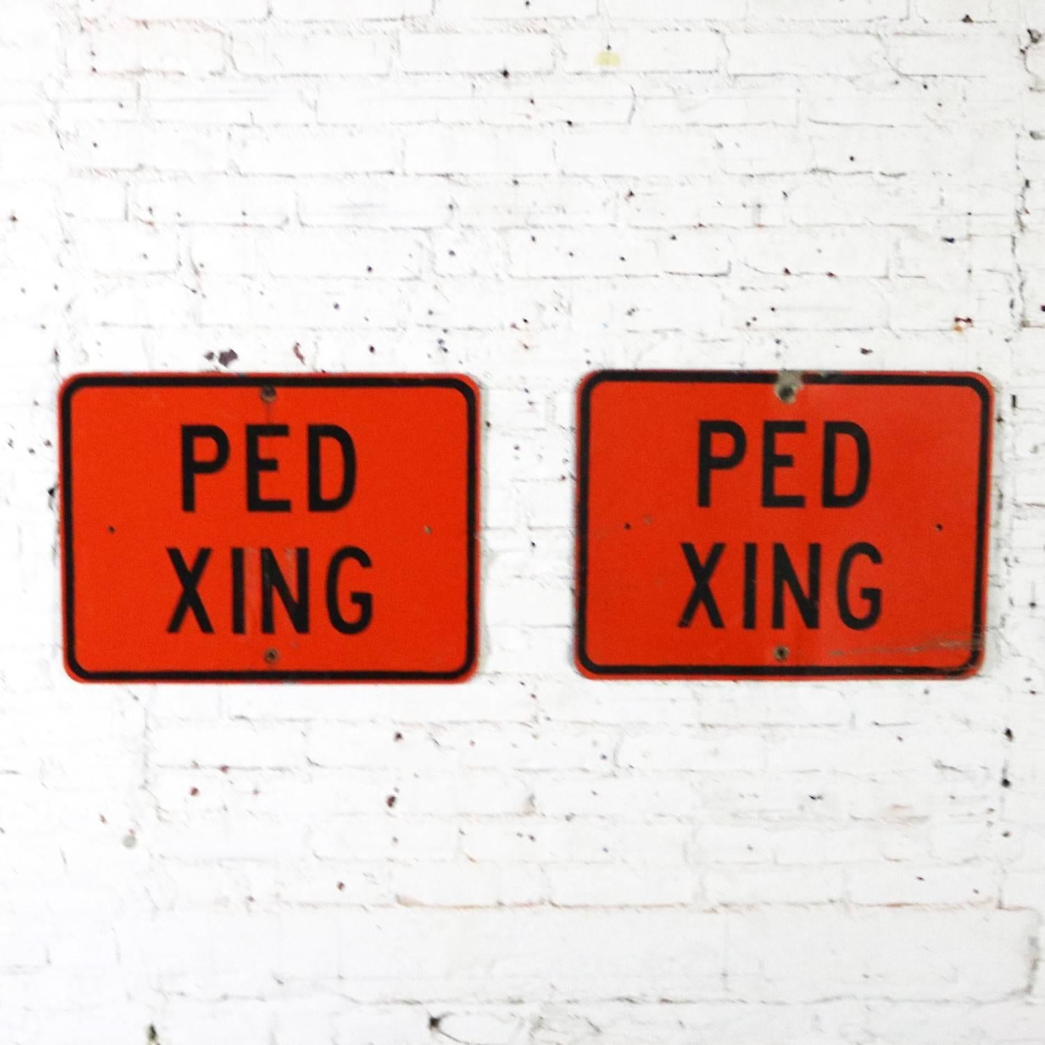 Vintage Ped Xing Florescent Orange Metal Traffic Signs For Sale 1