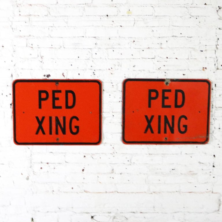 Vintage Ped Xing Florescent Orange Metal Traffic Signs For Sale at