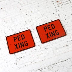 Vintage Ped Xing Florescent Orange Metal Traffic Signs