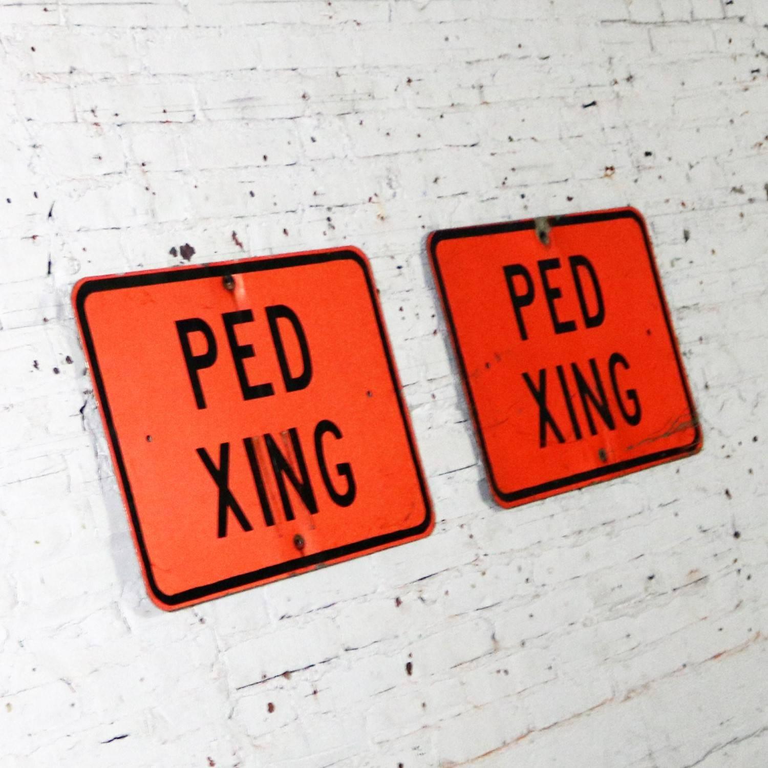 Industrial Vintage Ped Xing Florescent Orange Metal Traffic Signs For Sale