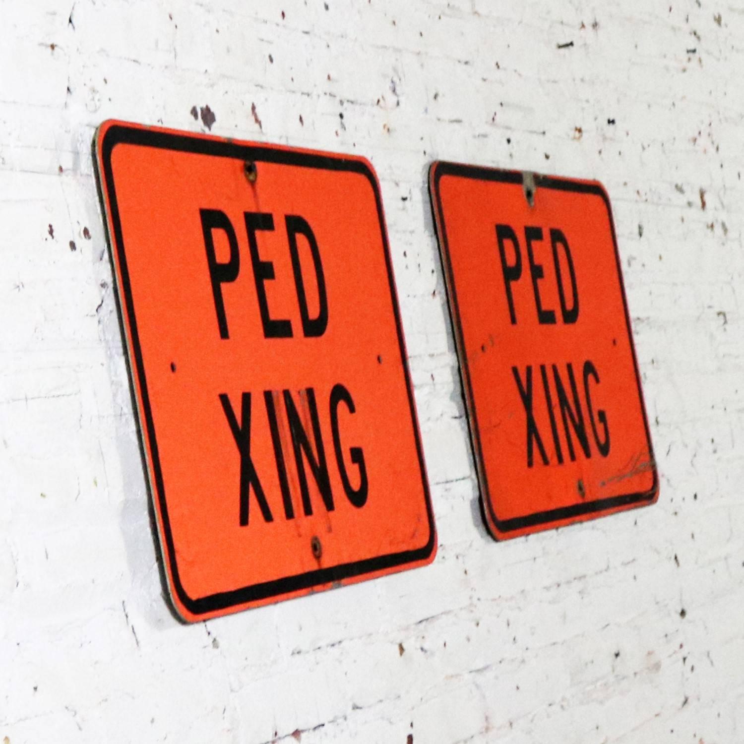 North American Vintage Ped Xing Florescent Orange Metal Traffic Signs For Sale