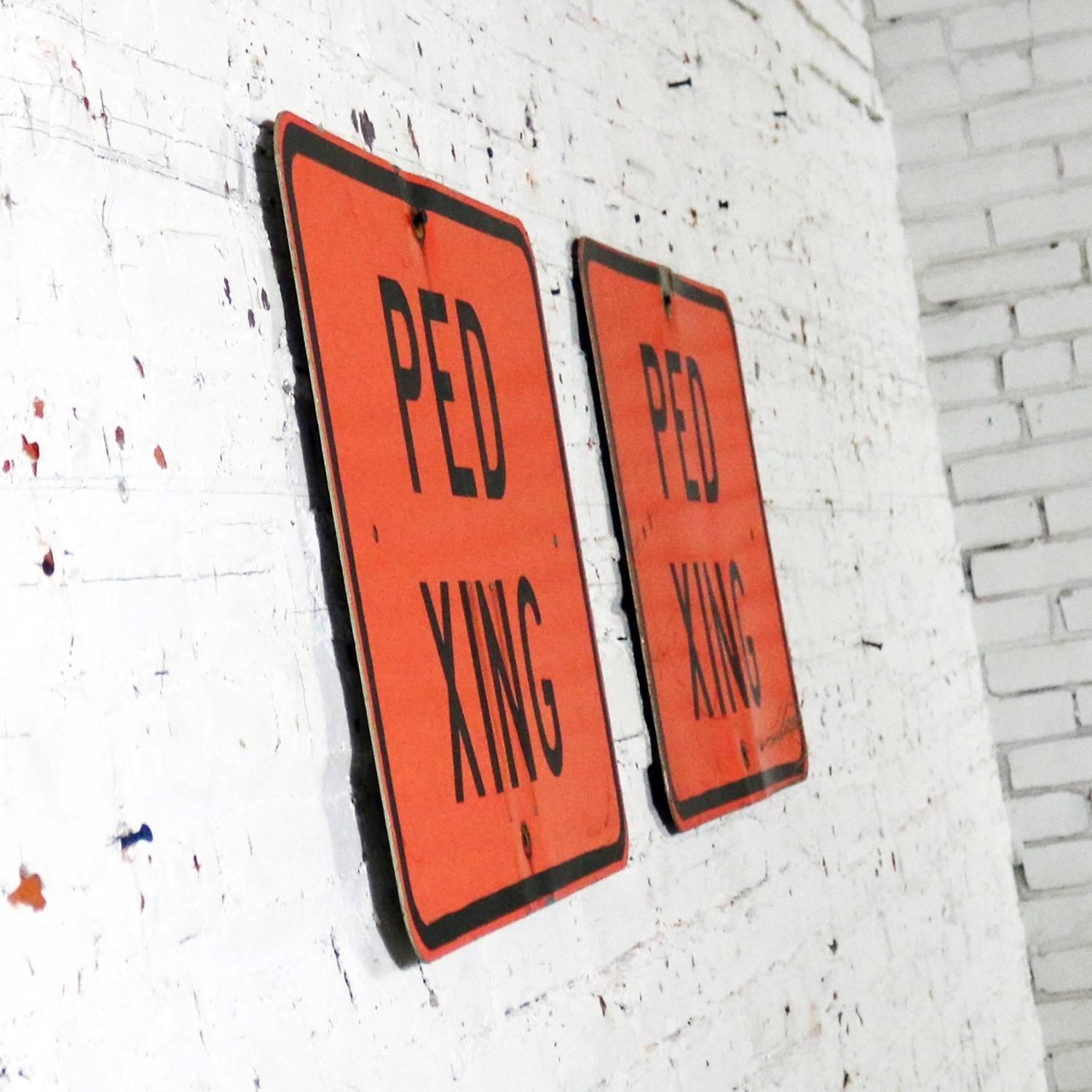Vintage Ped Xing Florescent Orange Metal Traffic Signs In Good Condition For Sale In Topeka, KS