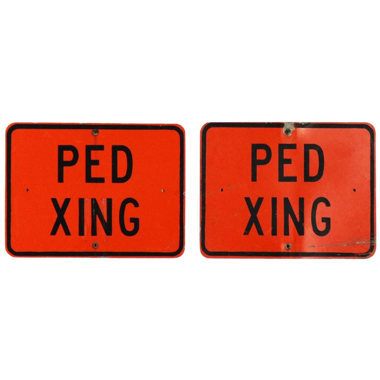 Vintage Ped Xing Florescent Orange Metal Traffic Signs