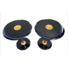 Vintage Pedestal Black and Gold Accent Side Tables, a Pair