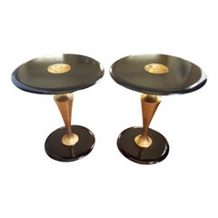 Vintage Pedestal Black and Gold Accent Side Tables, a Pair