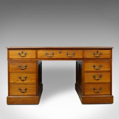 Vintage Pedestal Desk, English, Mahogany, Tooled Leather, Mid-20th Century