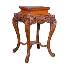 Vintage Pedestal Table Carved Oriental Chinese Elm Side Plant Stand