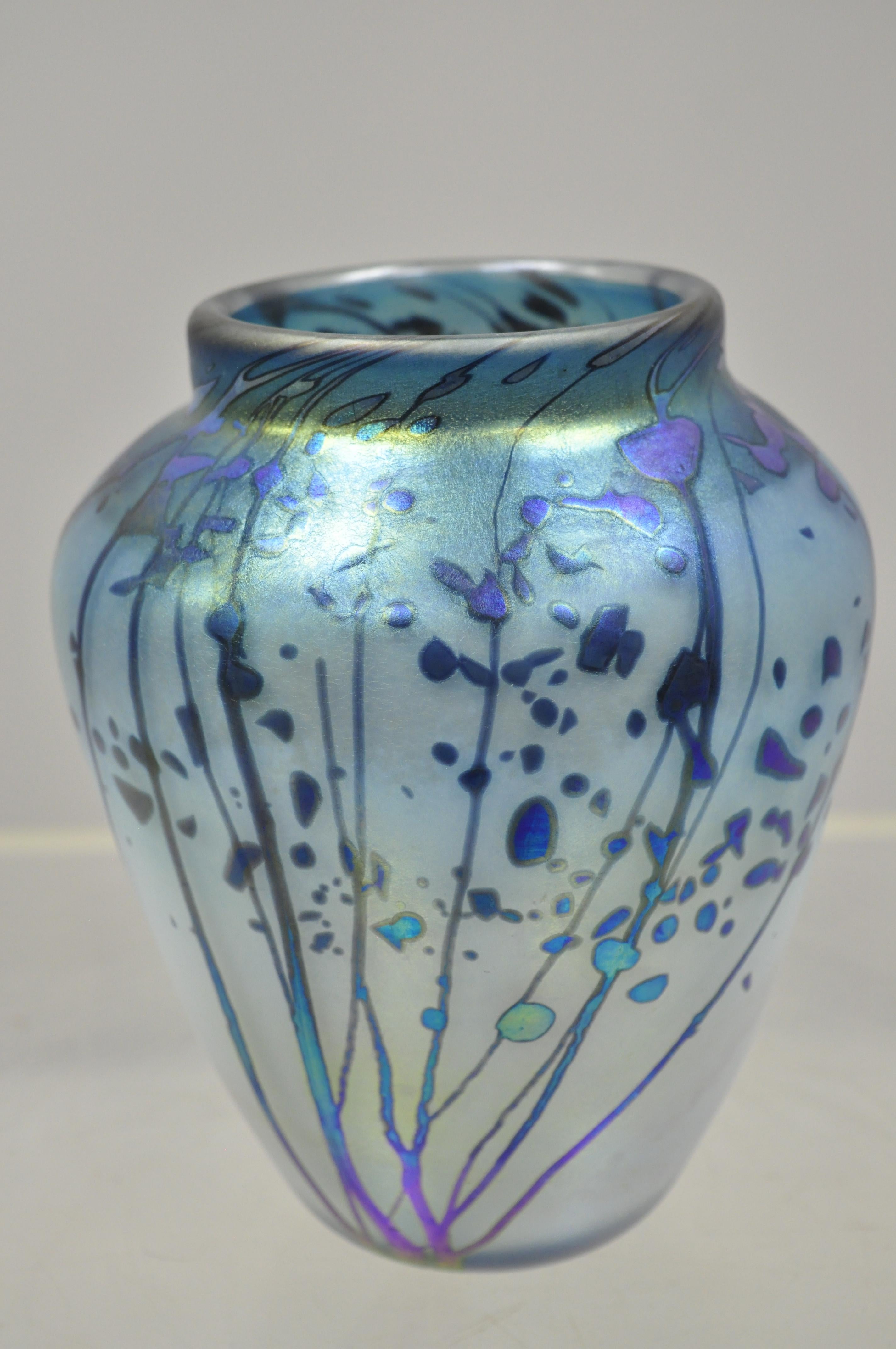 Modern Vintage Peet Robison Blue Sunrise Trees Art Glass Iridescent Vase