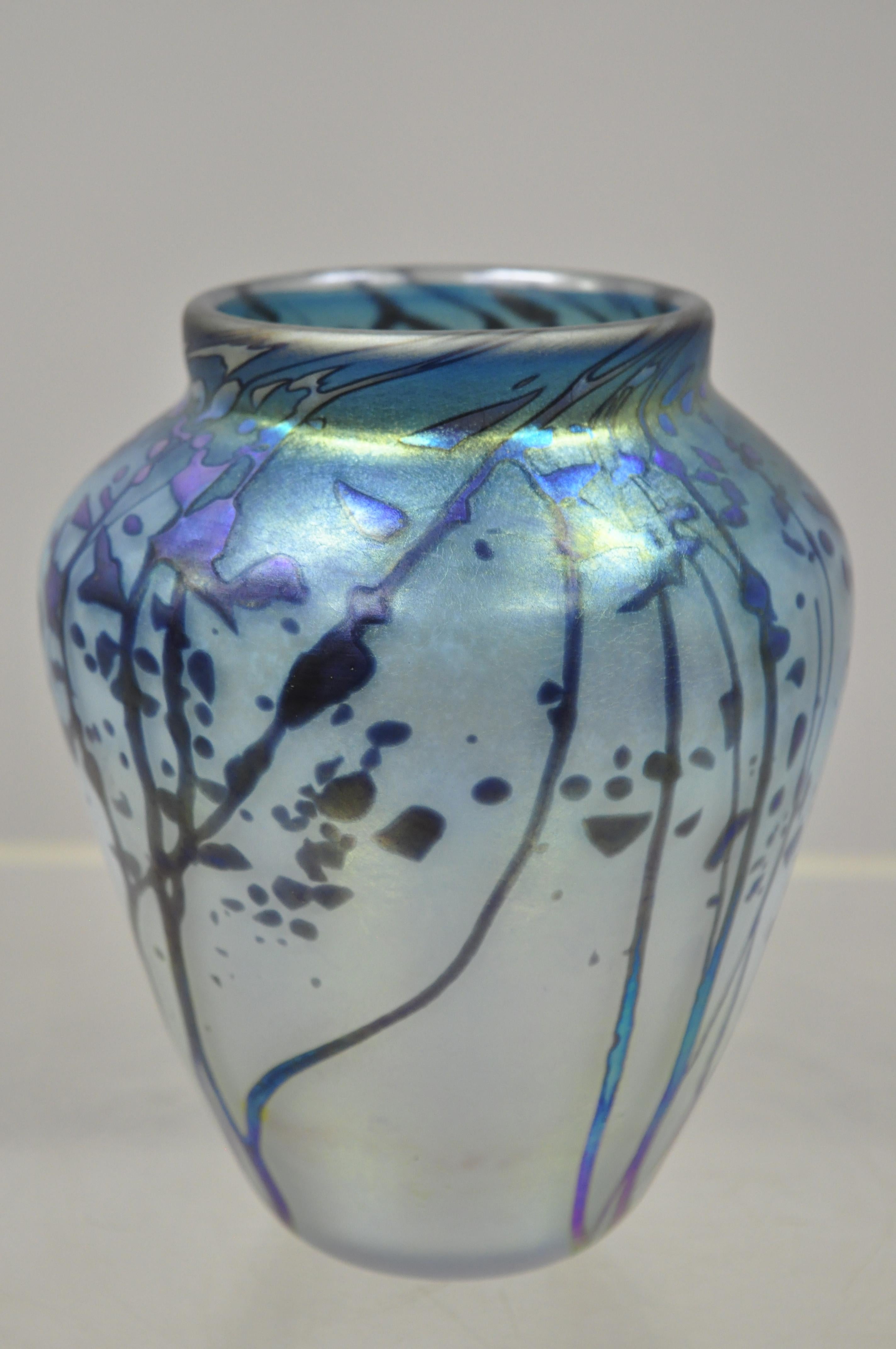 North American Vintage Peet Robison Blue Sunrise Trees Art Glass Iridescent Vase