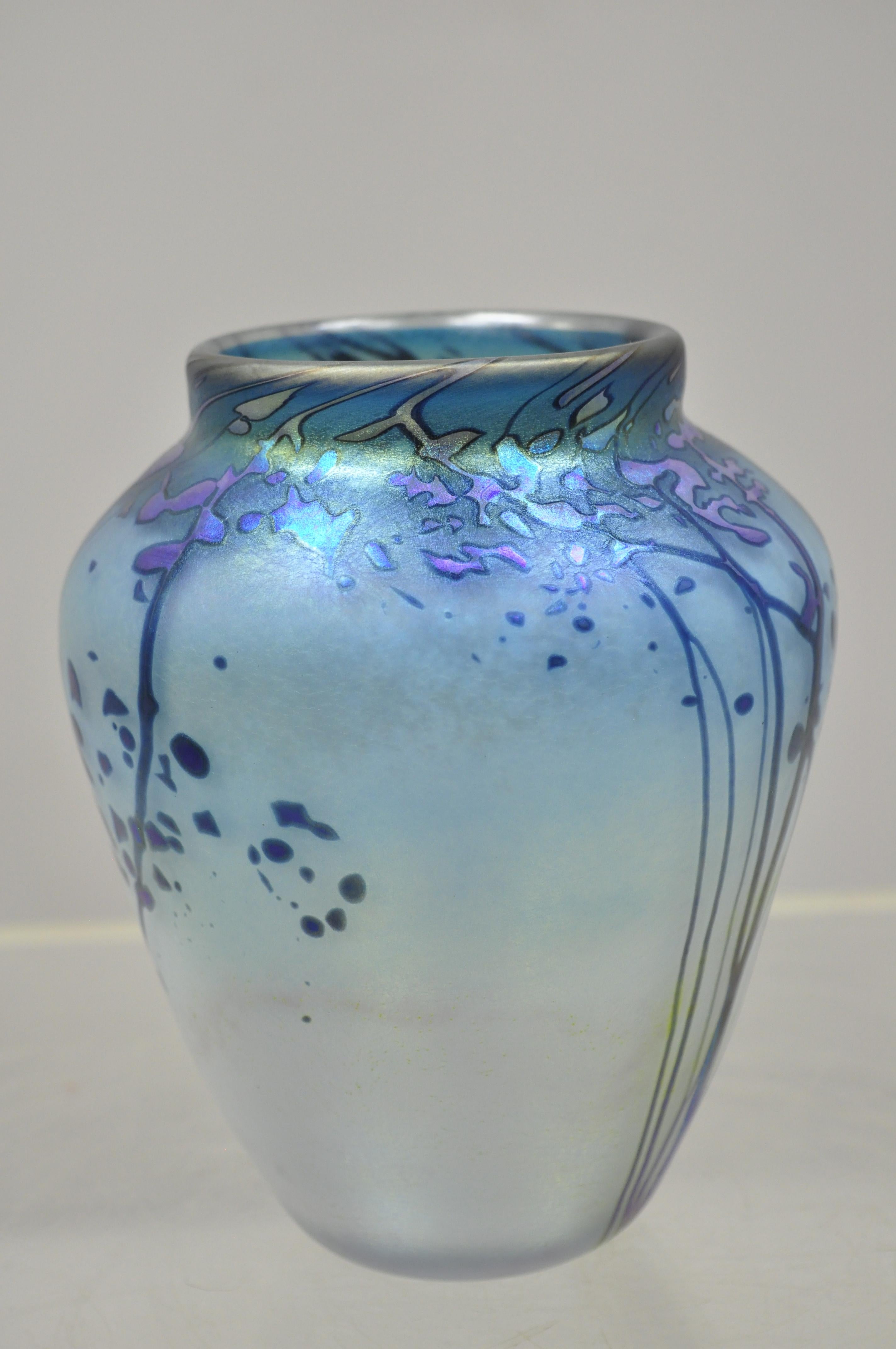 Vintage Peet Robison Blue Sunrise Trees Art Glass Iridescent Vase In Good Condition In Philadelphia, PA