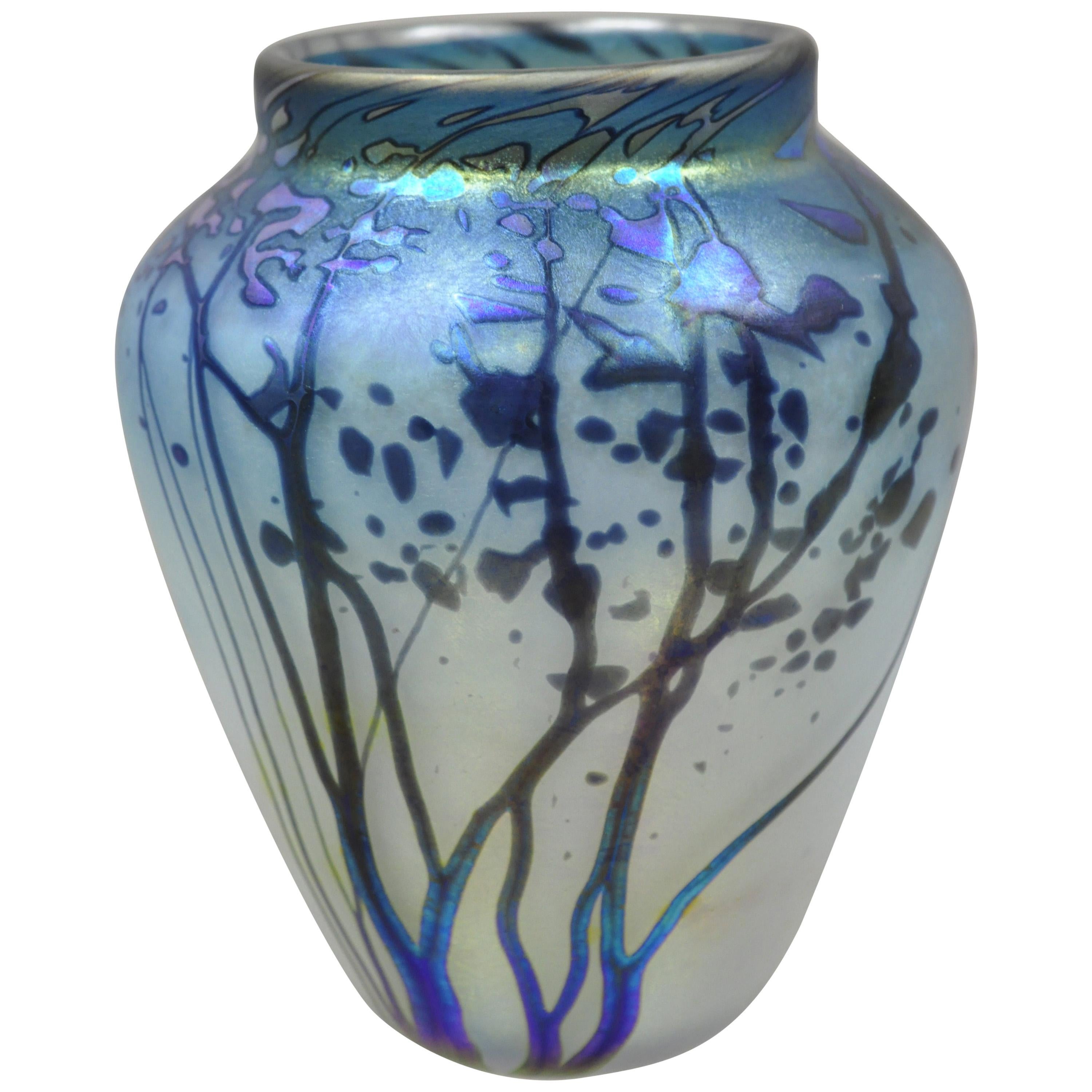 Vintage Peet Robison Blue Sunrise Trees Art Glass Iridescent Vase