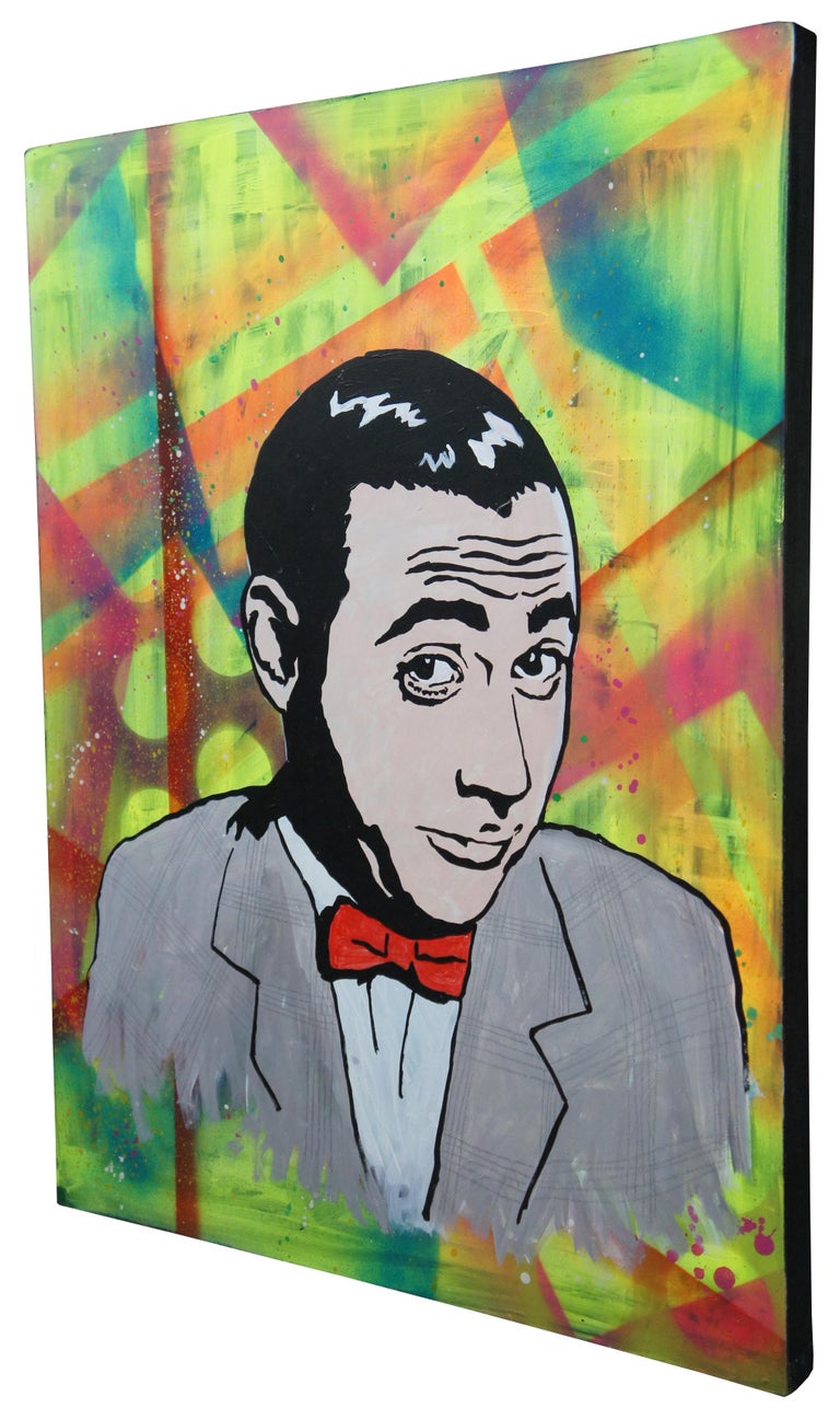 Wood panel portrait of Peewee Herman on a neon spray painted background; signed on reverse. Measure: 32