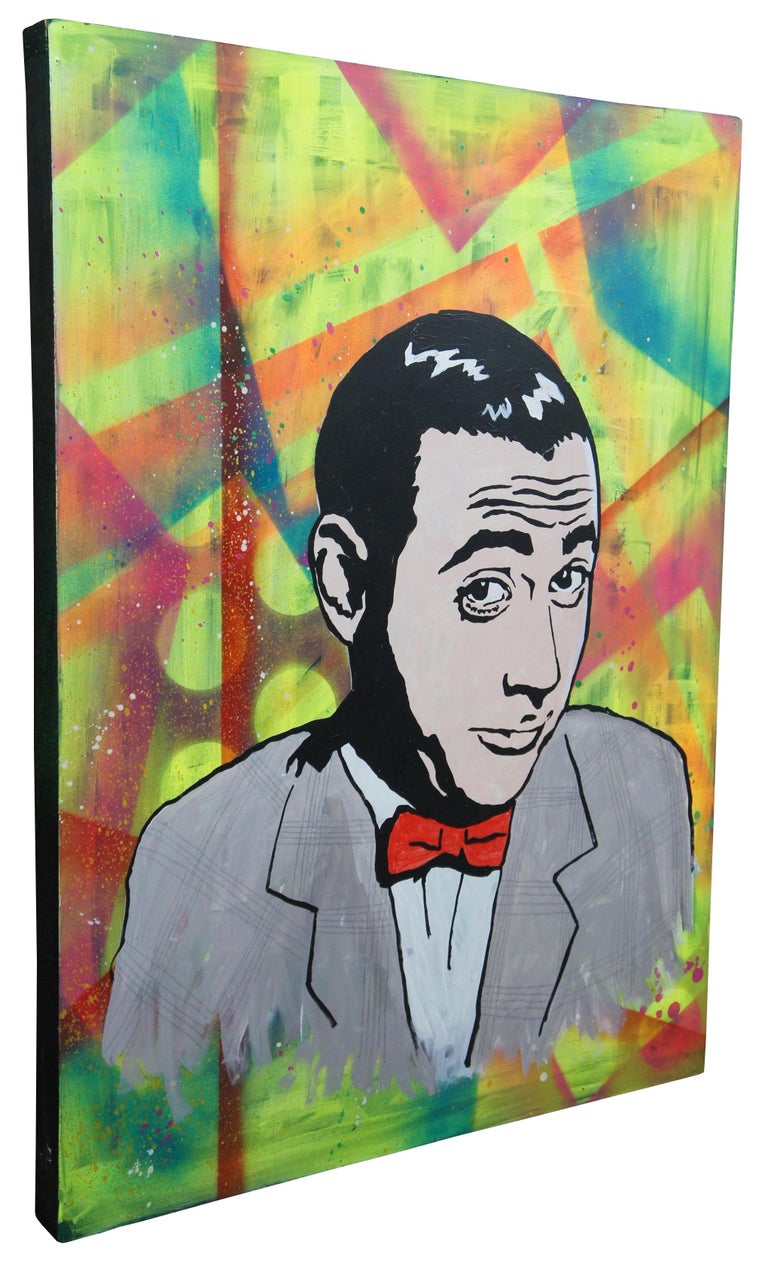 Expressionist Vintage Peewee Herman Pop Art Portrait Spray & Oil Paint Wood Panel For Sale