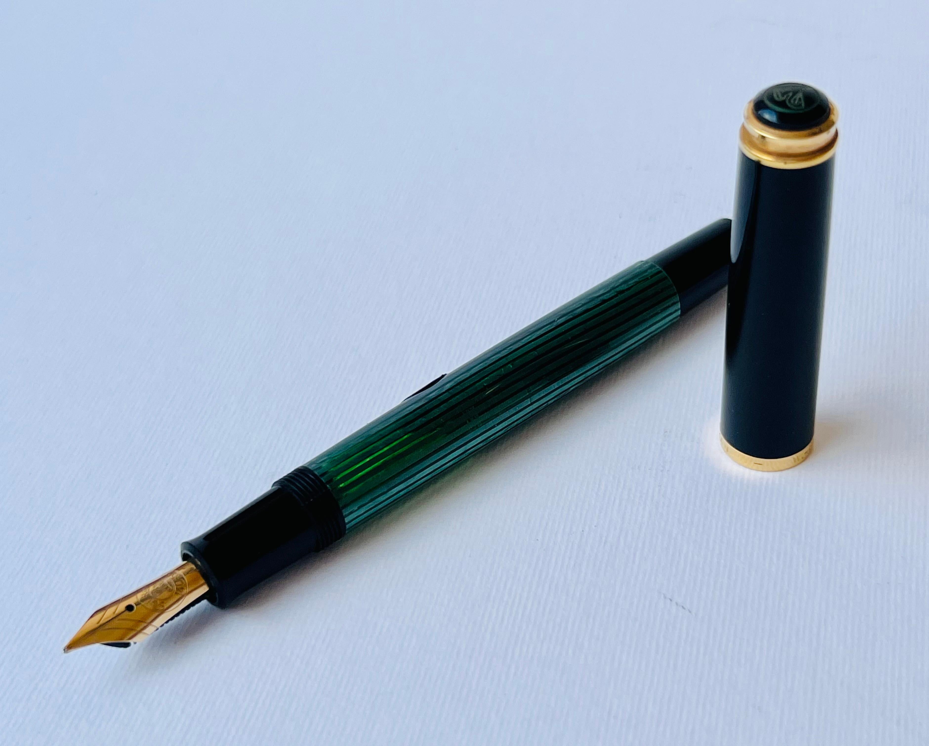 Vintage Pelikan M585 Souveran Green Striped Fountain Pen Fine 14K NIB 90's  For Sale 7