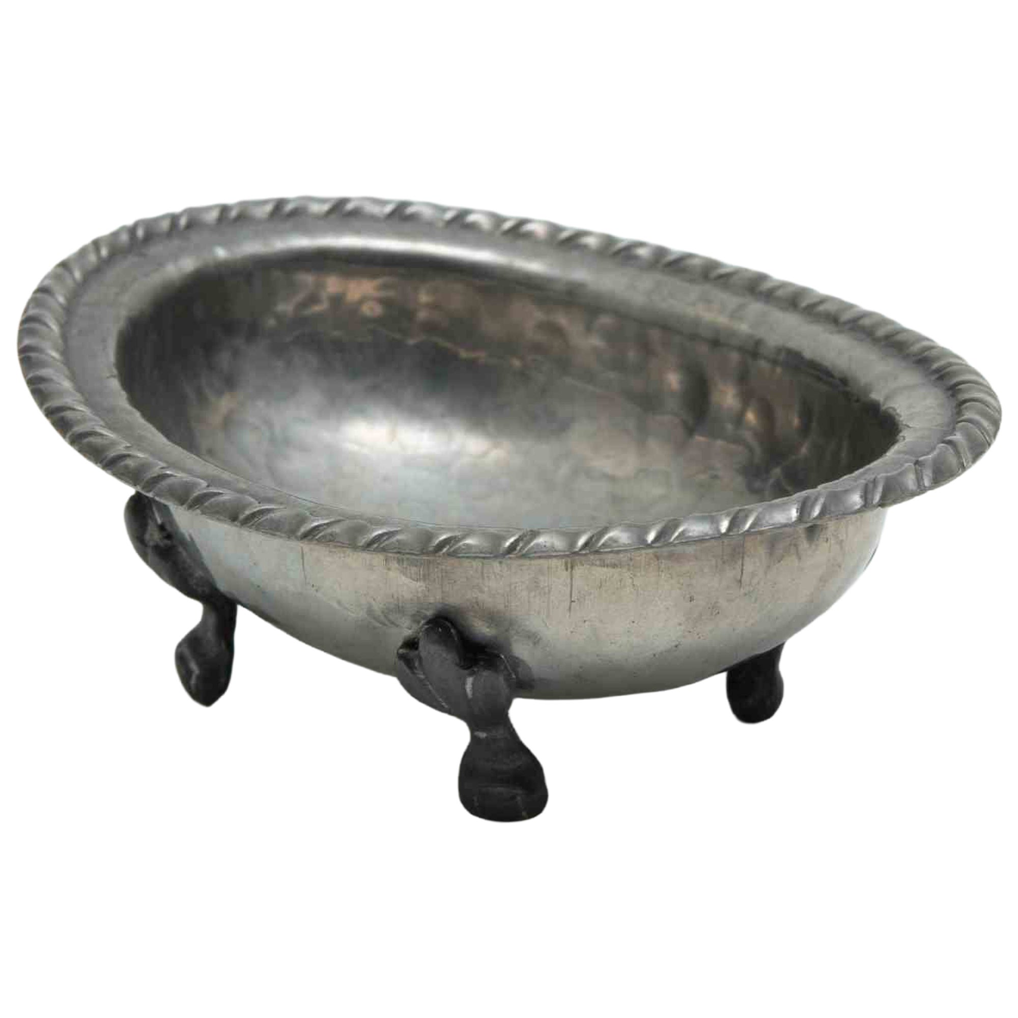 Vintage Peltro Footed Oval Bowl–Hammered Pewter Dish..., Early 20th Century