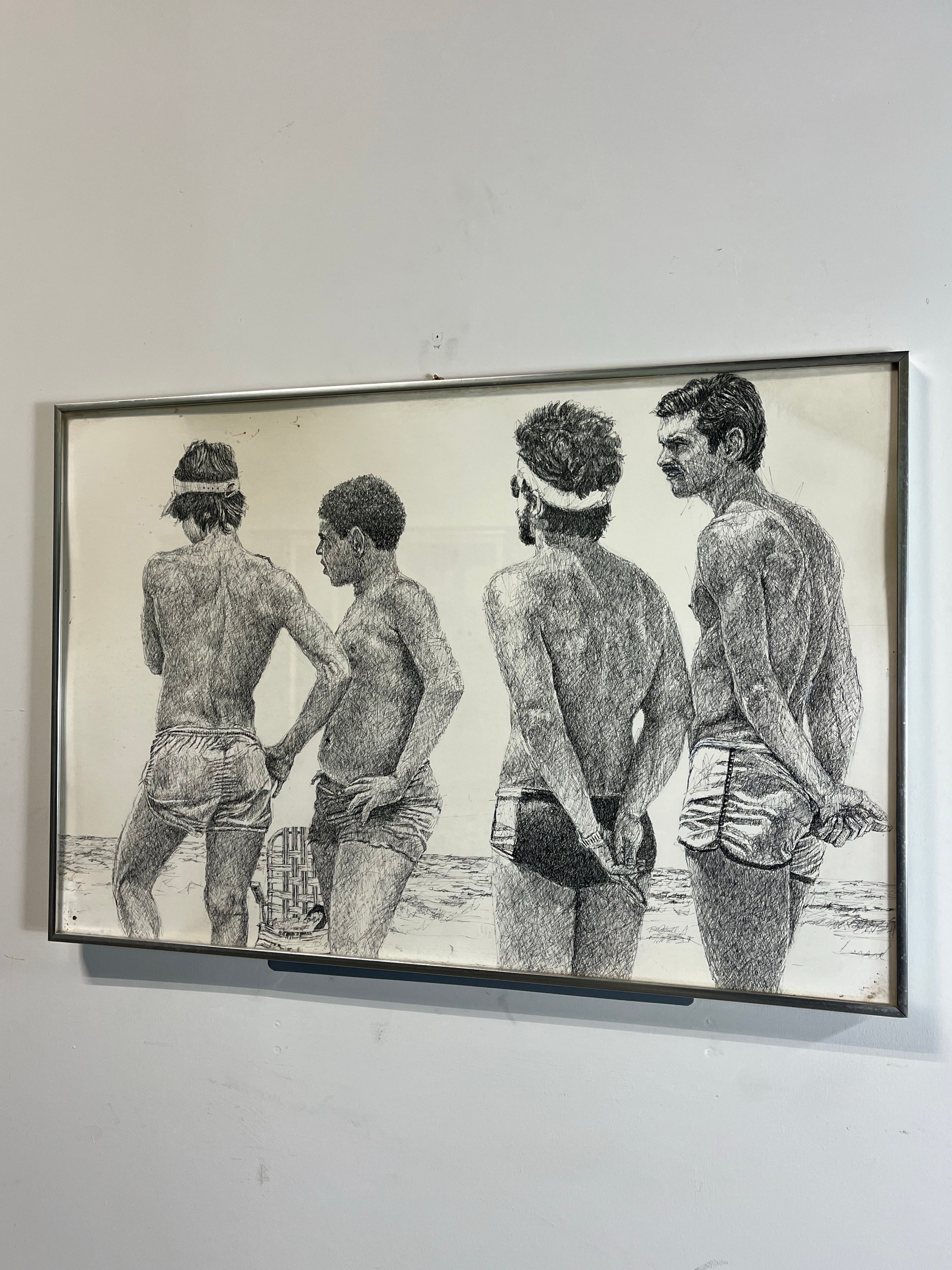 Fantastische Darstellung des Lebens am Strand in den 70er Jahren. Feder und Tinte auf Karton. Unterzeichnet von Bill Cantwell. Großartiges Historienspiel. Boys of Summer.
