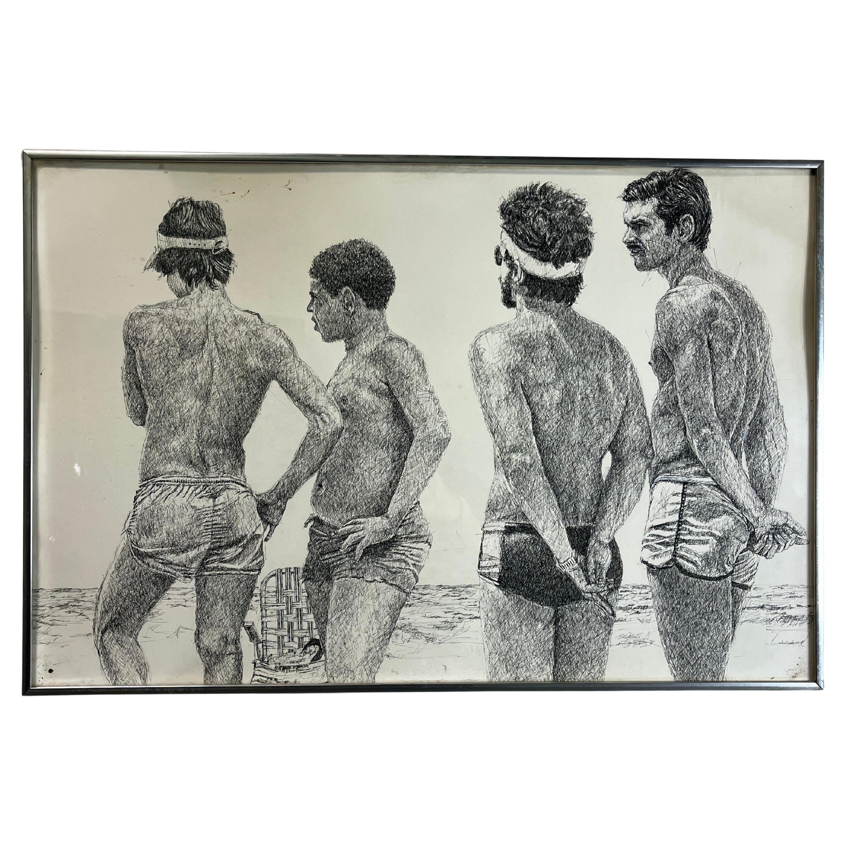 Vintage Pen and Ink Men At The Beach Bill Cantwell im Angebot