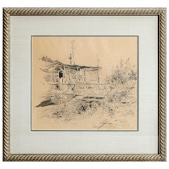 Vintage Pencil Drawing on Paper, Landscape with Structure, Artist Signed, 1934