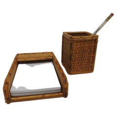 Vintage Pencil Holder and Notes Bamboo and Rattan Desk Set