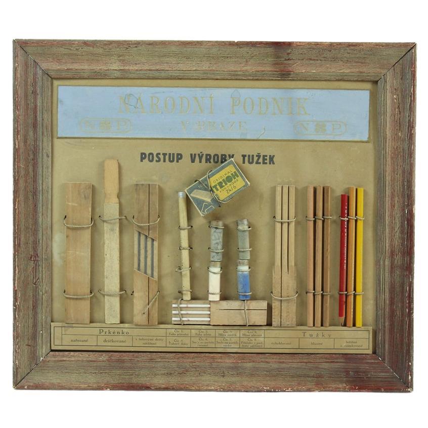 Vintage Pencil Making Wall Art "Making Of Pensils", Czechoslovakia 1950s For Sale
