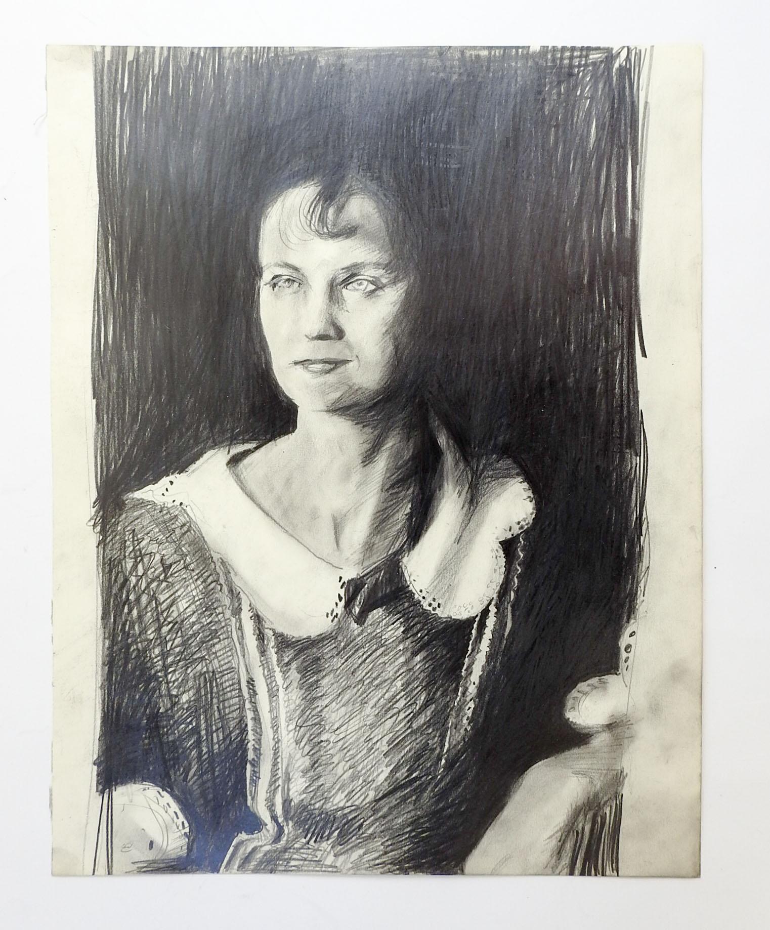 Vintage circa late 20th century pencil on paper portrait of woman by Marilyn Lanfear (1930-2020) Texas. Part of the series Portrait of Mona ( from a photo of the artists mother in law). Unsigned. Unframed, directly from the artists estate, smudges