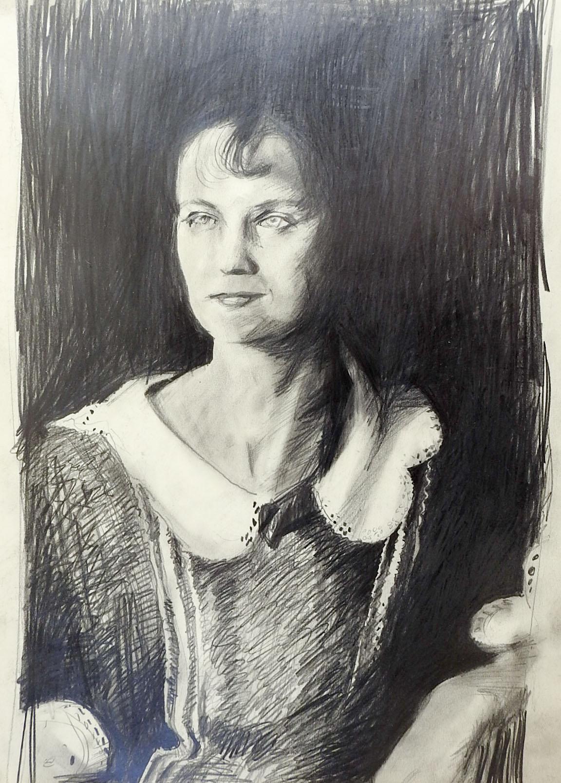 Romantic Vintage Pencil Portrait Drawing by Marilyn Lanfear For Sale
