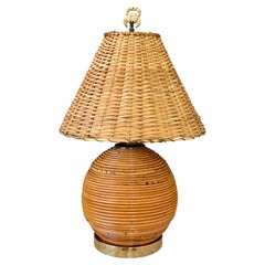 Vintage Pencil Rattan Table Lamp With Crab Finial & Woven Shade