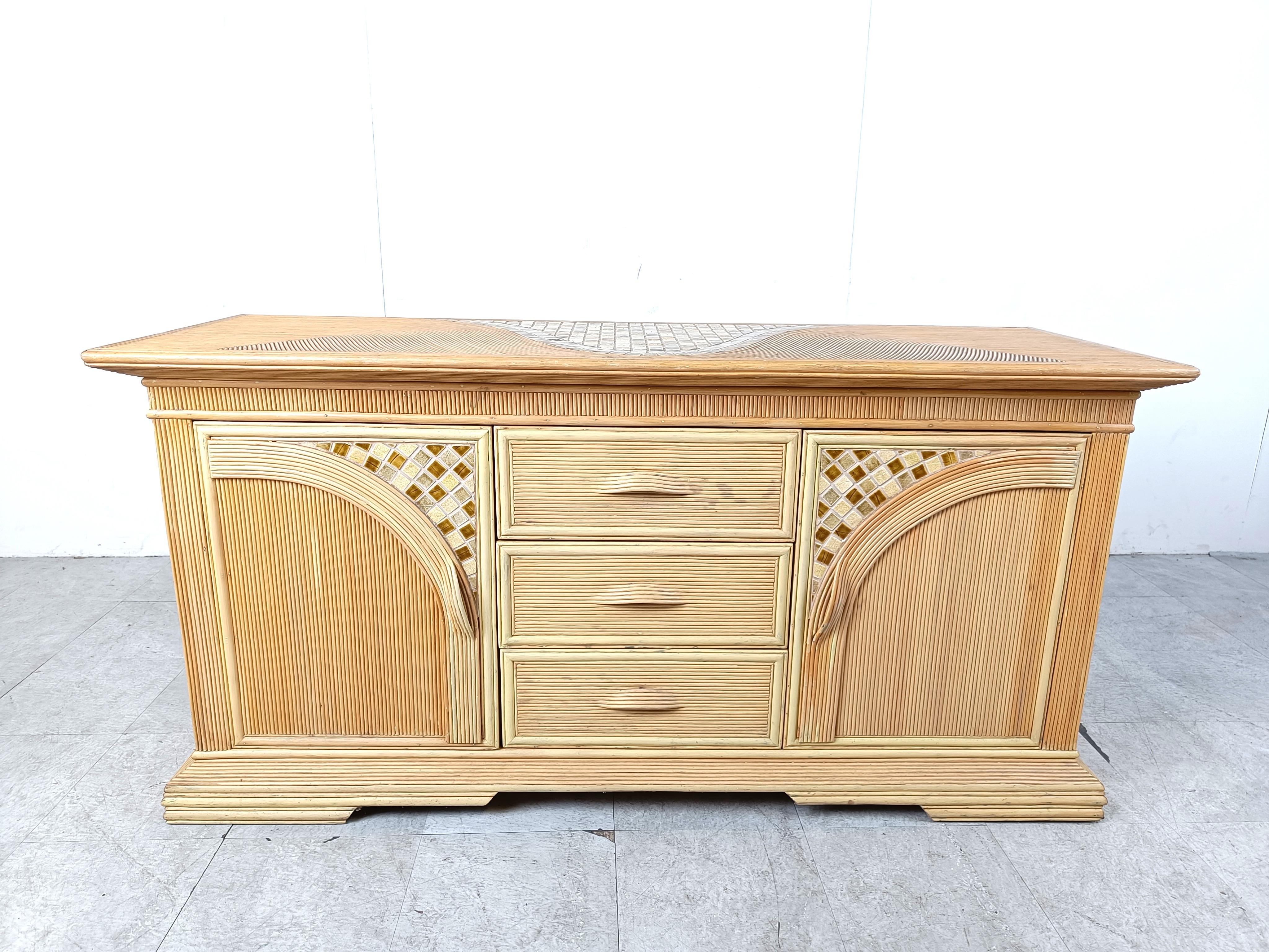 Vintage pencil reed and ceramic tile sideboard, 1970s In Good Condition For Sale In HEVERLEE, BE