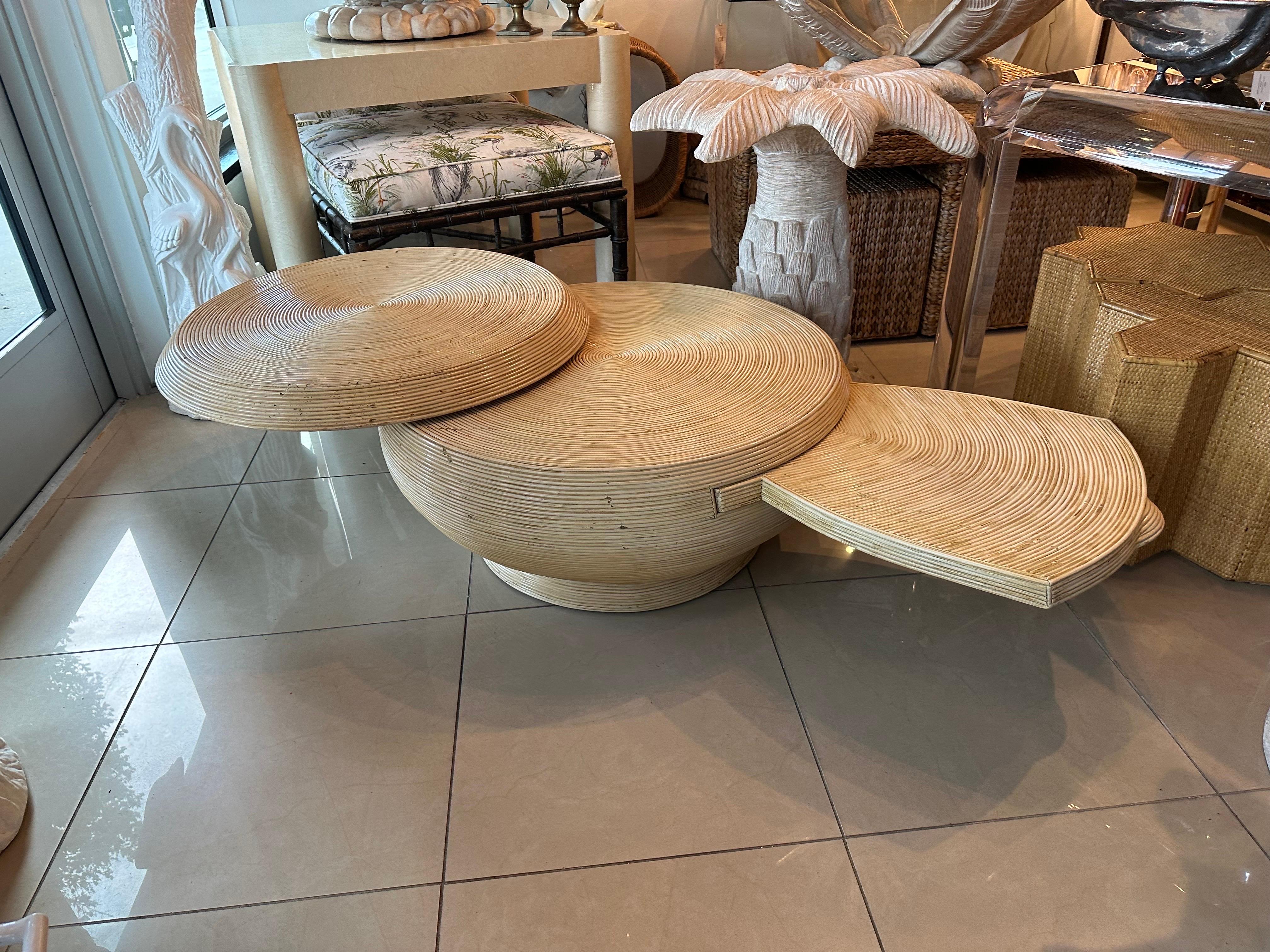 Vintage Pencil Reed Bamboo Rattan Coffee Cocktail Table Round Swivel Top 7