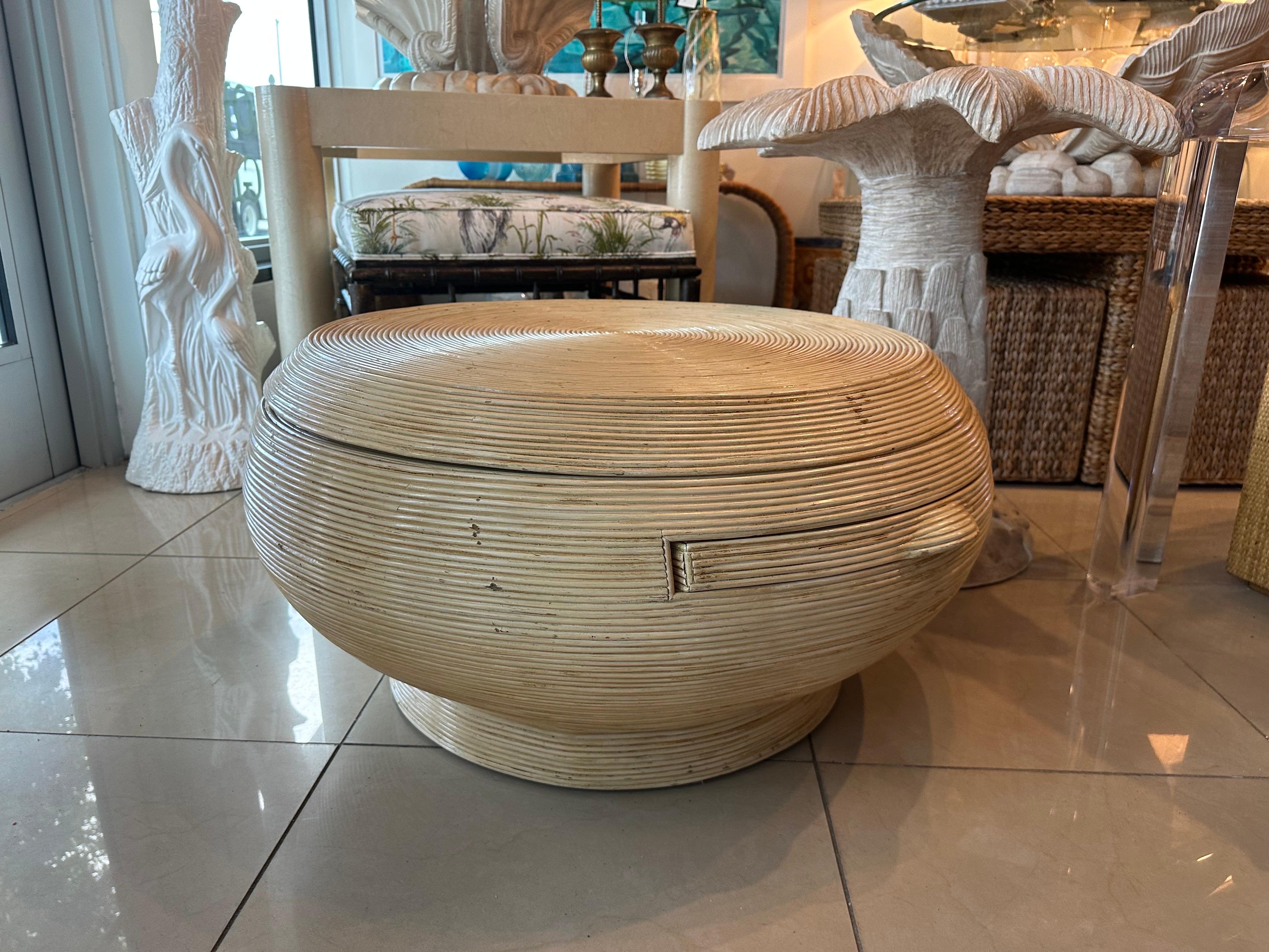 Vintage Pencil Reed Bamboo Rattan Coffee Cocktail Table Round Swivel Top 2