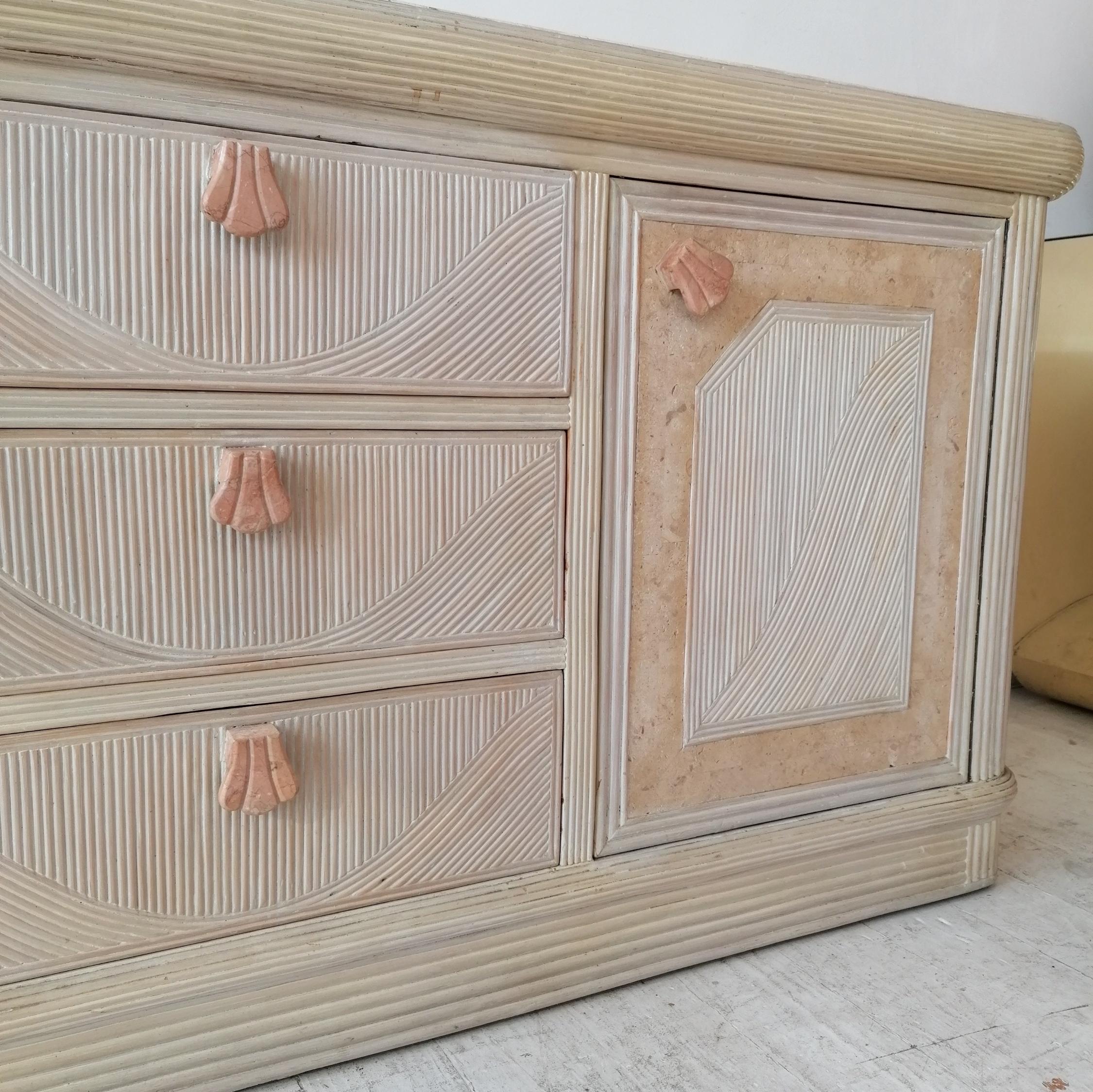 Vintage Pencil Reed / Cane Sideboard with Pink Scalloped Marble Handles, c 1970s 4