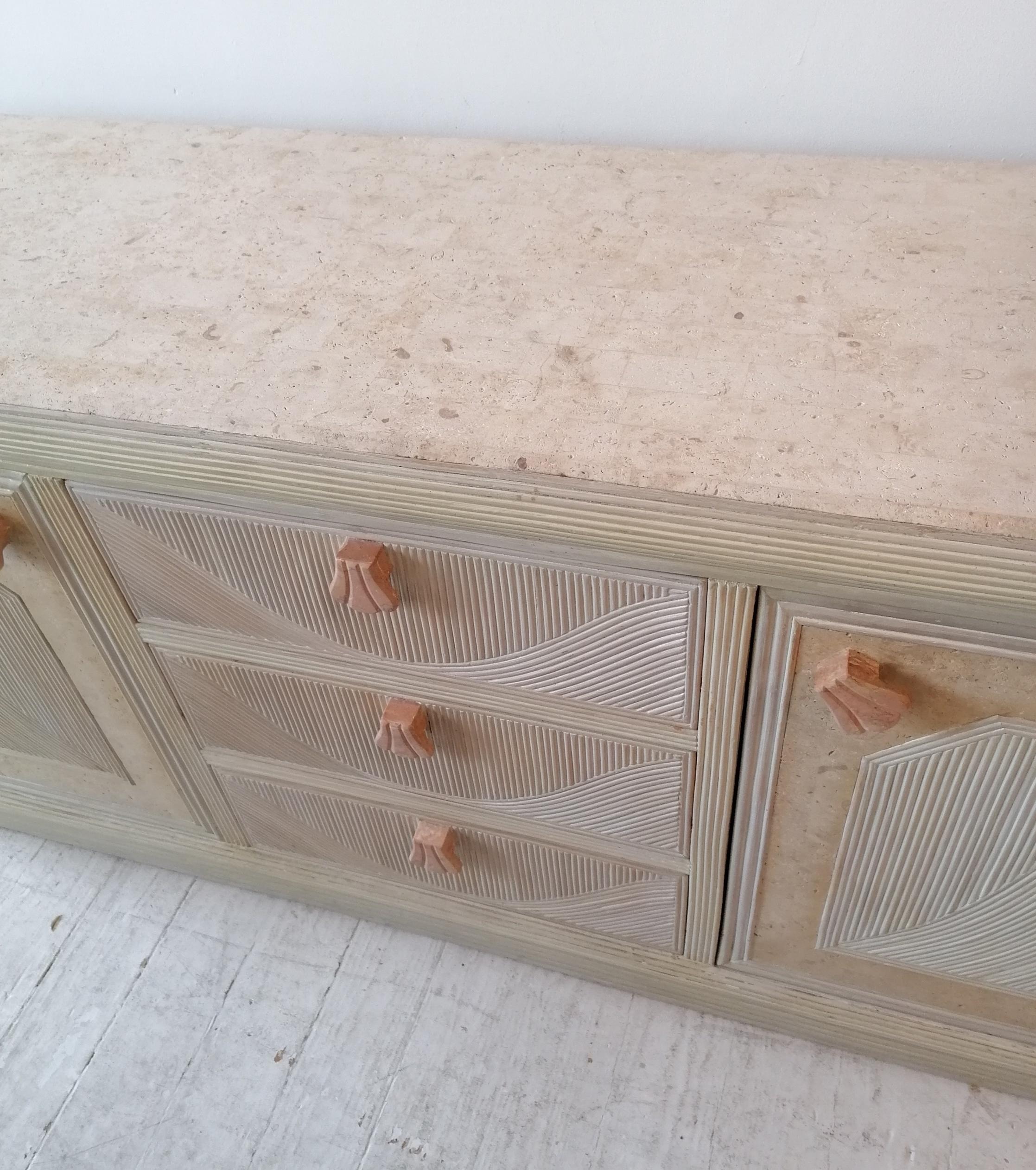 Vintage Pencil Reed / Cane Sideboard with Pink Scalloped Marble Handles, c 1970s 7