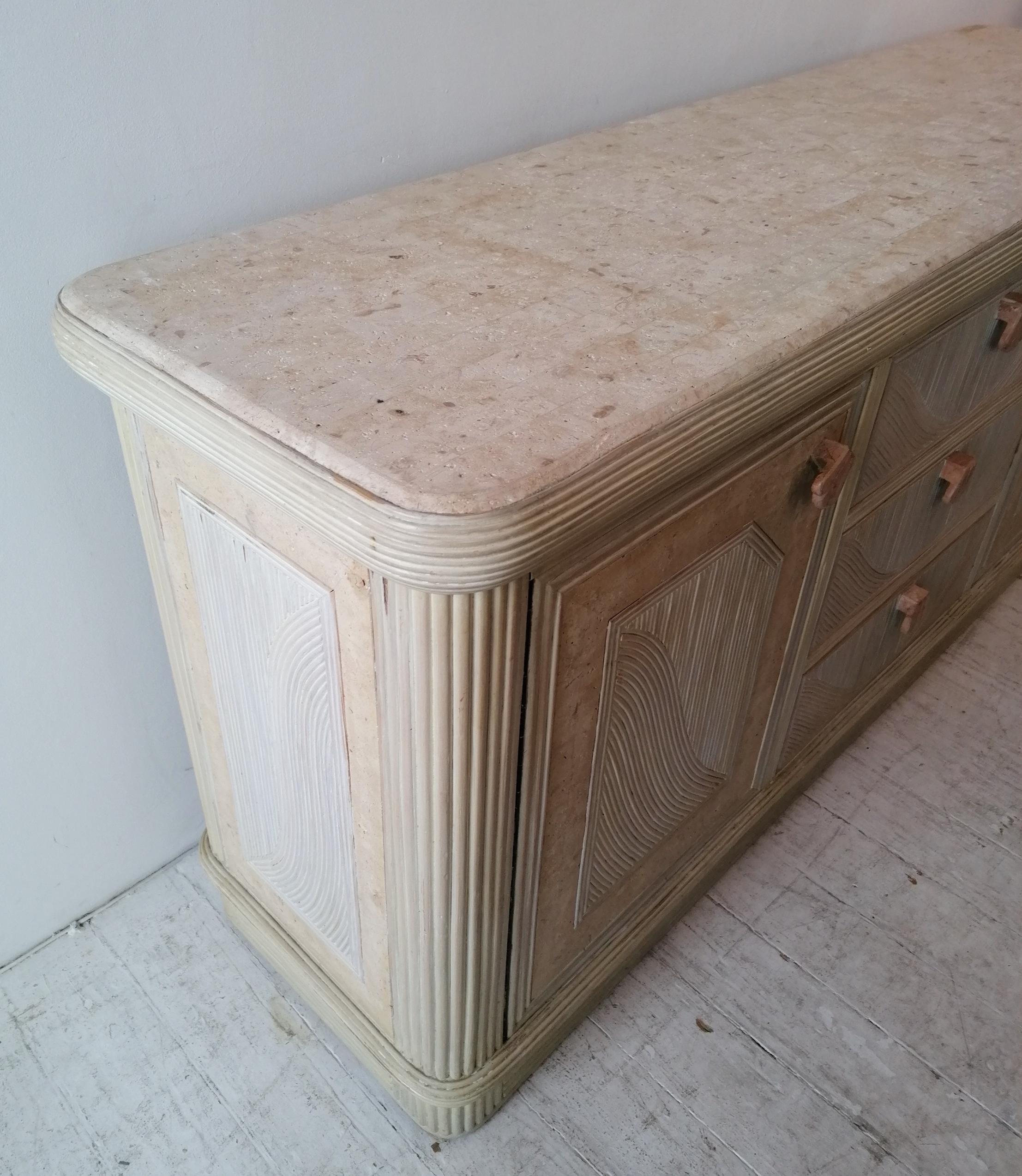 Vintage Pencil Reed / Cane Sideboard with Pink Scalloped Marble Handles, c 1970s 9