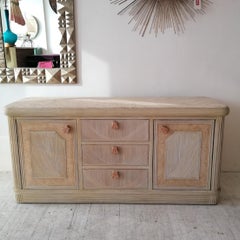 Vintage Pencil Reed / Cane Sideboard with Pink Scalloped Marble Handles, c 1970s