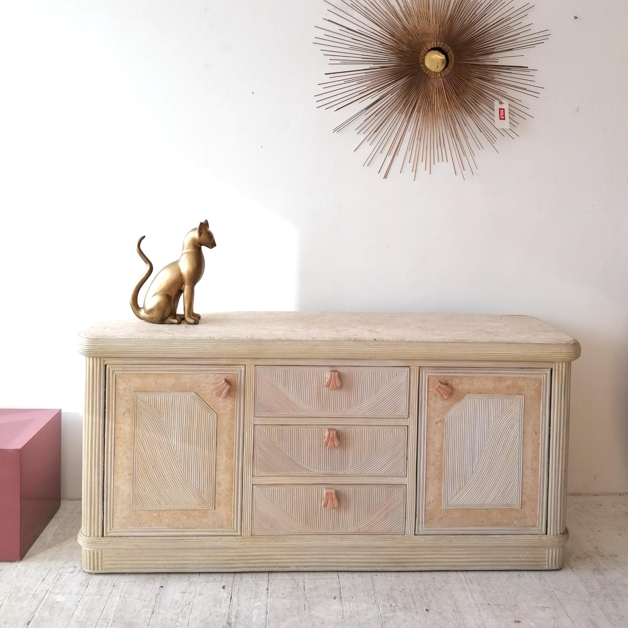 Vintage Pencil Reed / Cane Sideboard with Pink Scalloped Marble Handles, c 1970s In Good Condition In Hastings, GB