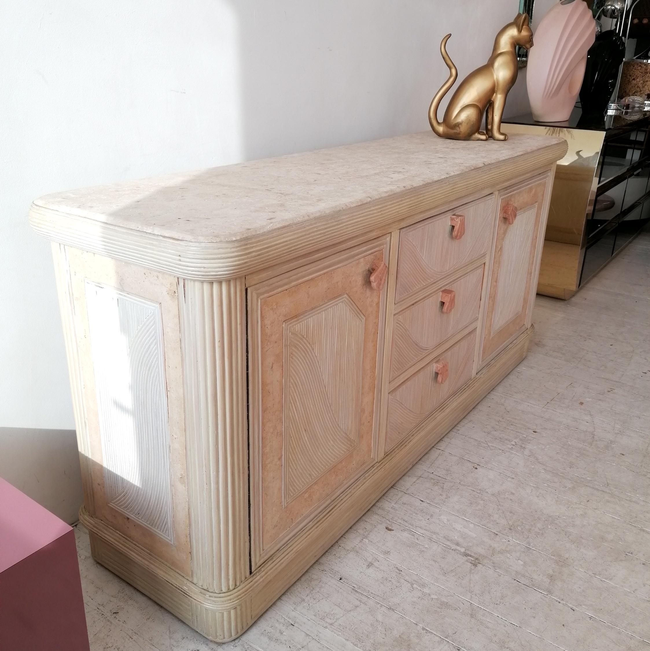Late 20th Century Vintage Pencil Reed / Cane Sideboard with Pink Scalloped Marble Handles, c 1970s